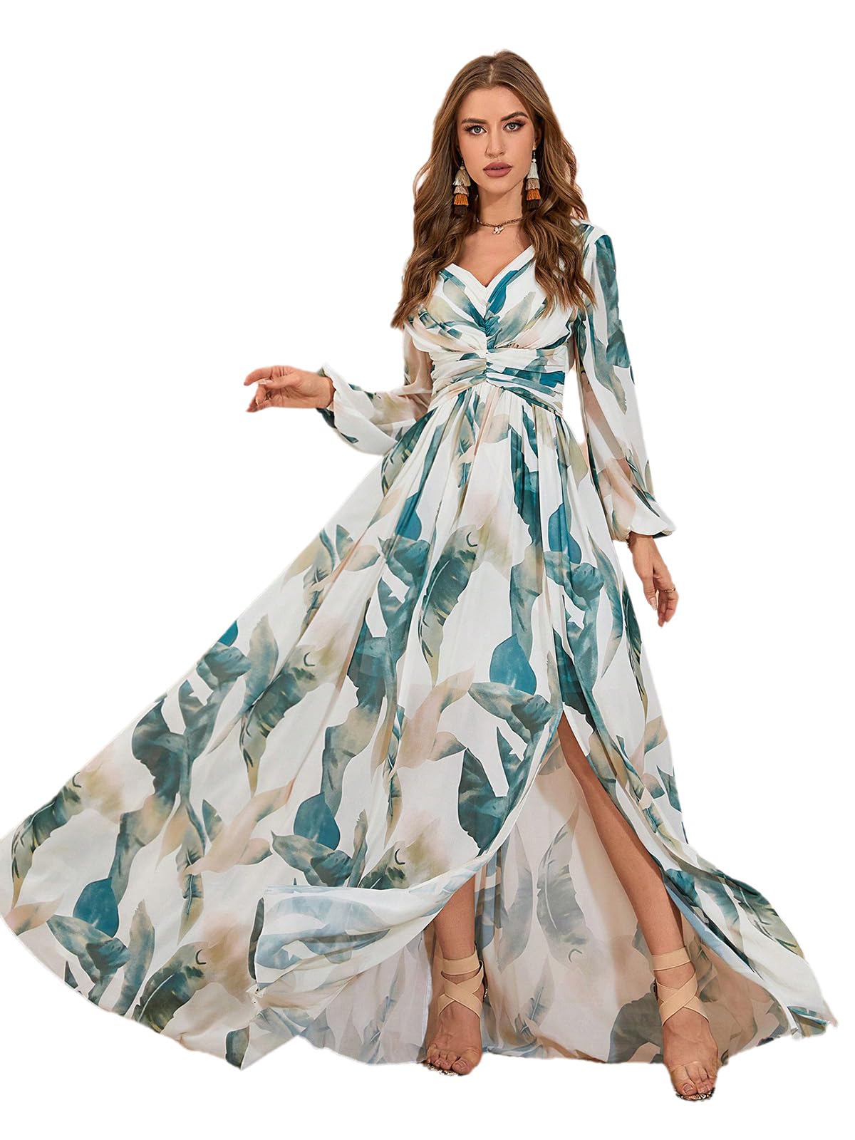 TOLEEN Summer Casual Dresses for Women 2024 Spring Fashion Boho V Neck Long Sleeve Ruffle Floral Print Elegant Maxi Dress