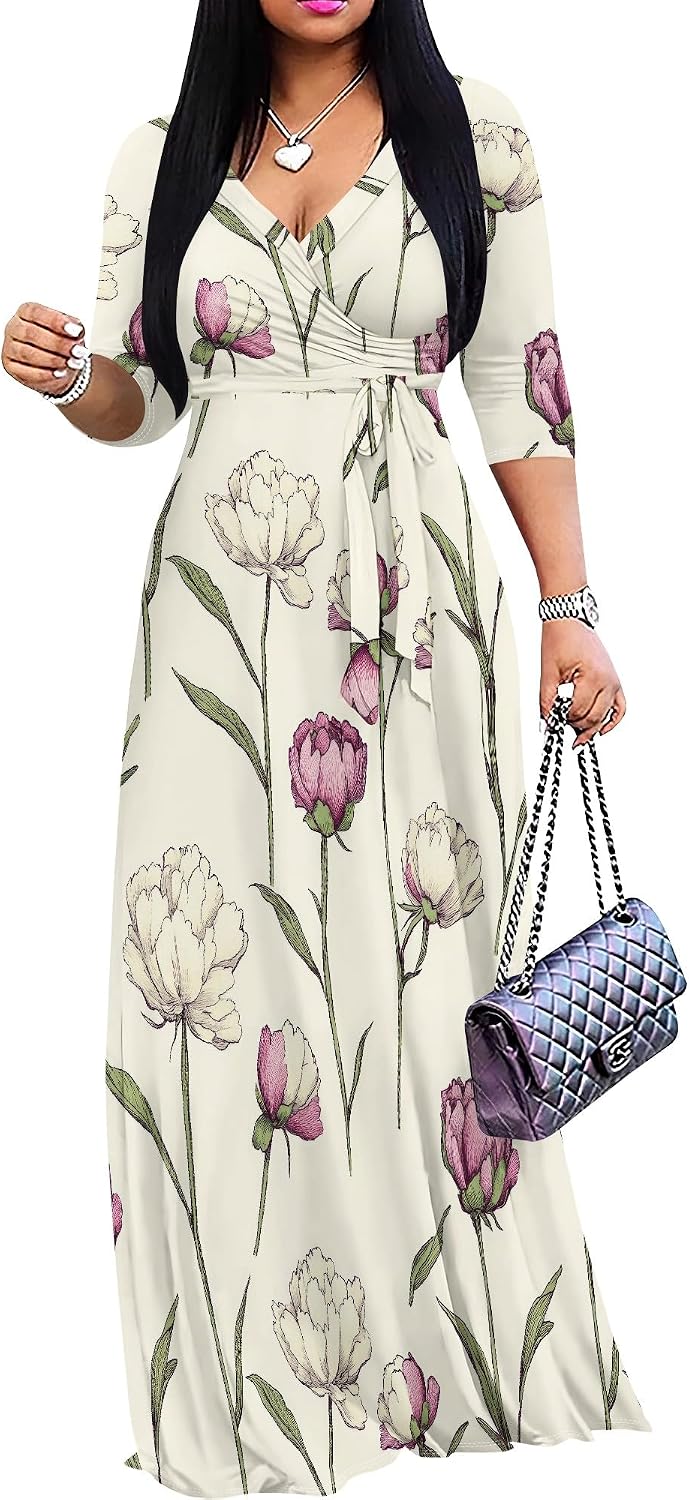 SUZONANA Plus Size Dresses for Women Floral Print Maxi Dress Flowy 3/4 Sleeve with Belt