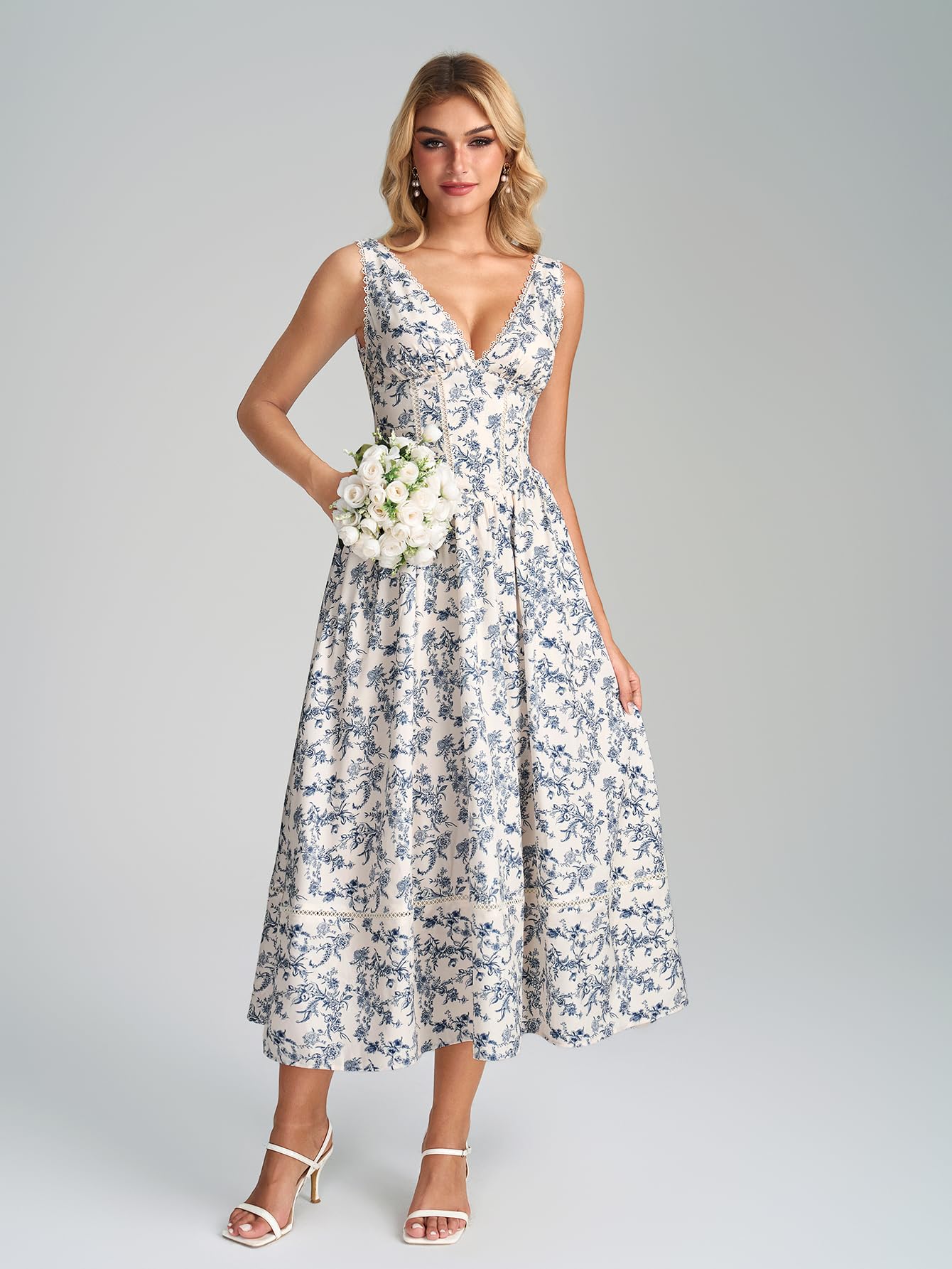 KUTUMAI Floral Corset Midi Dresses for Women 2026 Summer Spring V Neck Lace Up Flowy Wedding Guest Dress