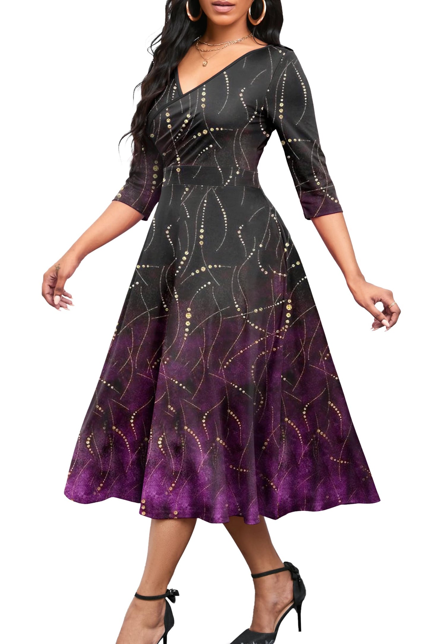 Nmoder Women's Casual Wrap Flared Midi Dress Wedding Guest Cocktail Tea Dresses A-Line Swing V-Neck 3/4 Sleeve