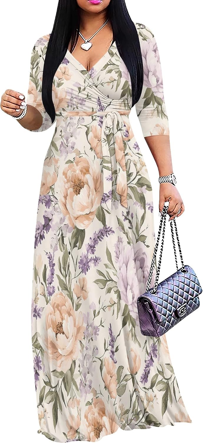 SUZONANA Plus Size Dresses for Women Floral Print Maxi Dress Flowy 3/4 Sleeve with Belt
