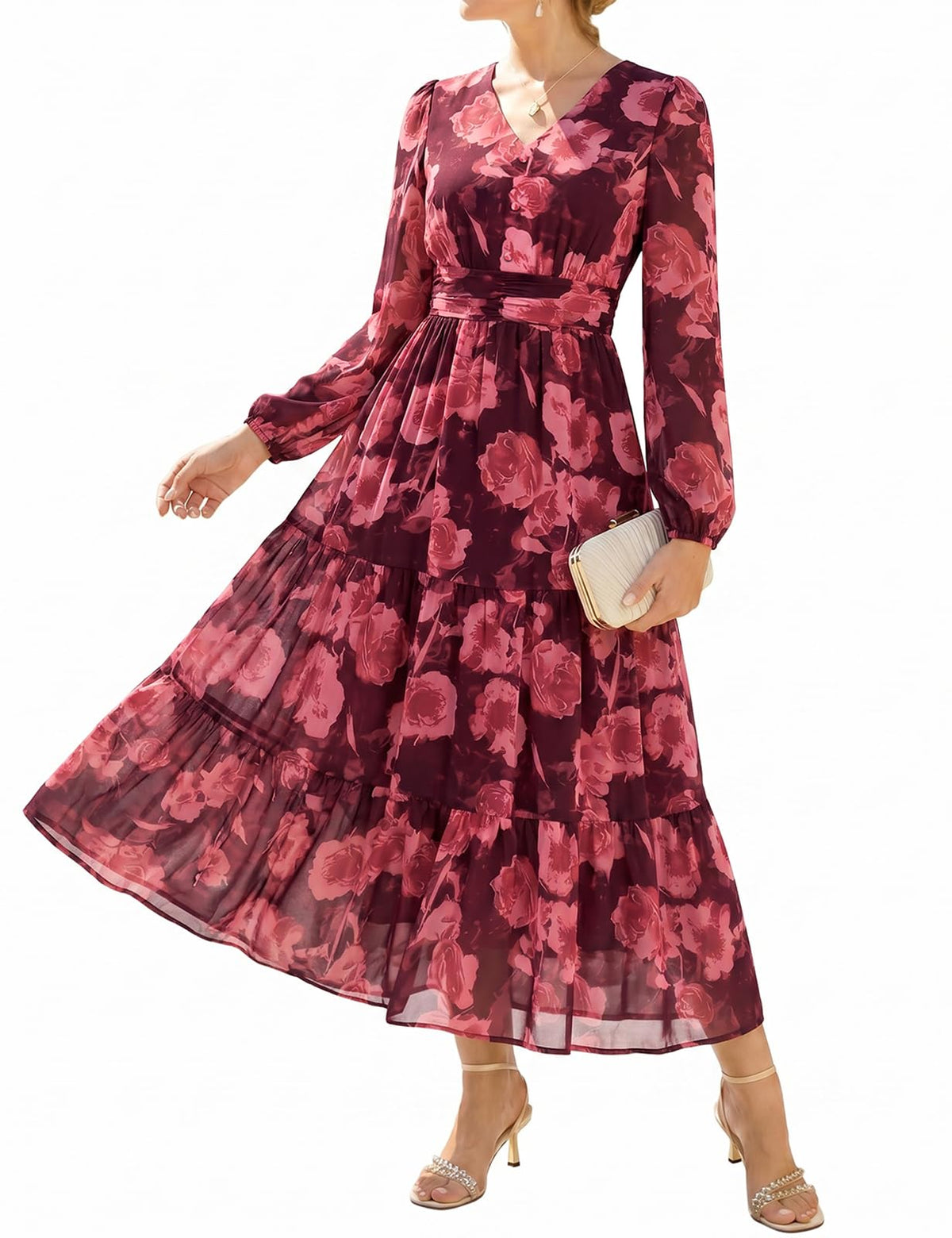 GRACE KARIN Women Floral Maxi Dress Fall Long Sleeve Wedding Guest Dresses