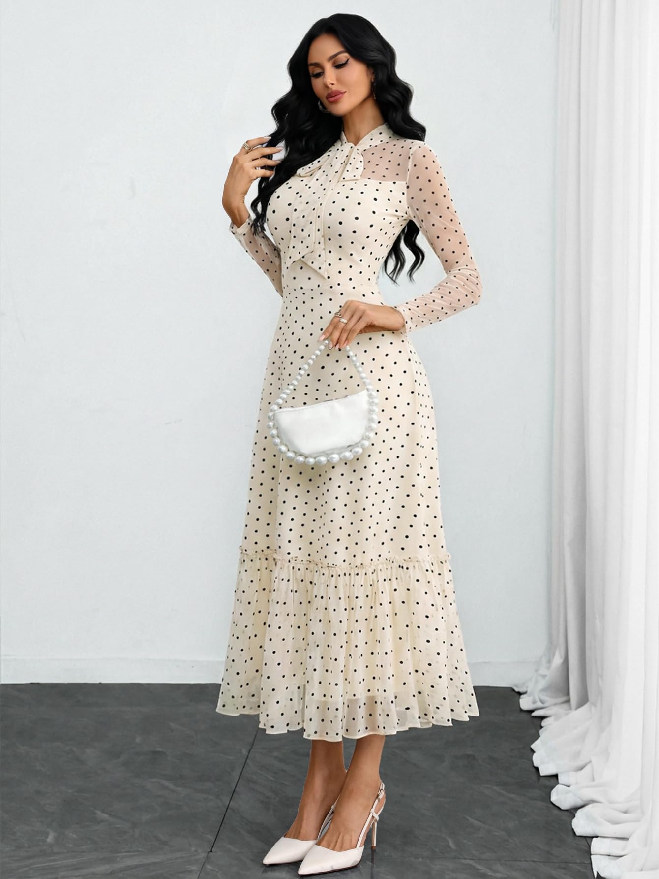 GothDark Polka Dot Dress for Women Mesh Tie Neck Bow Sheer Sleeve Flowy Ruffle Hem Going Out Wedding Guest Casual Dress