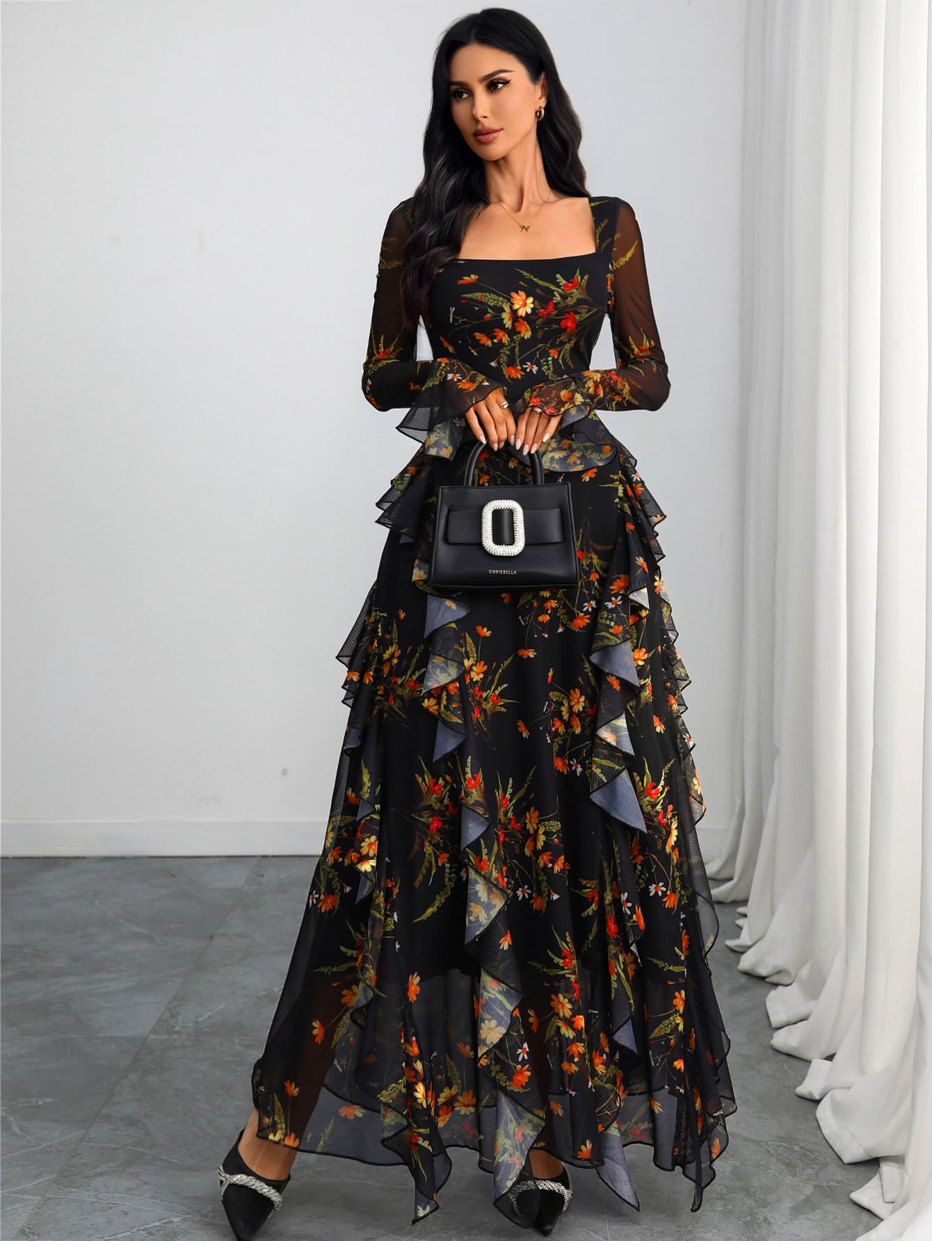 GothDark Women's Floral Dress Mesh Sheer Long Sleeve Square Neck Ruffle Layered Elegant Date Night Holiday Party Outfit