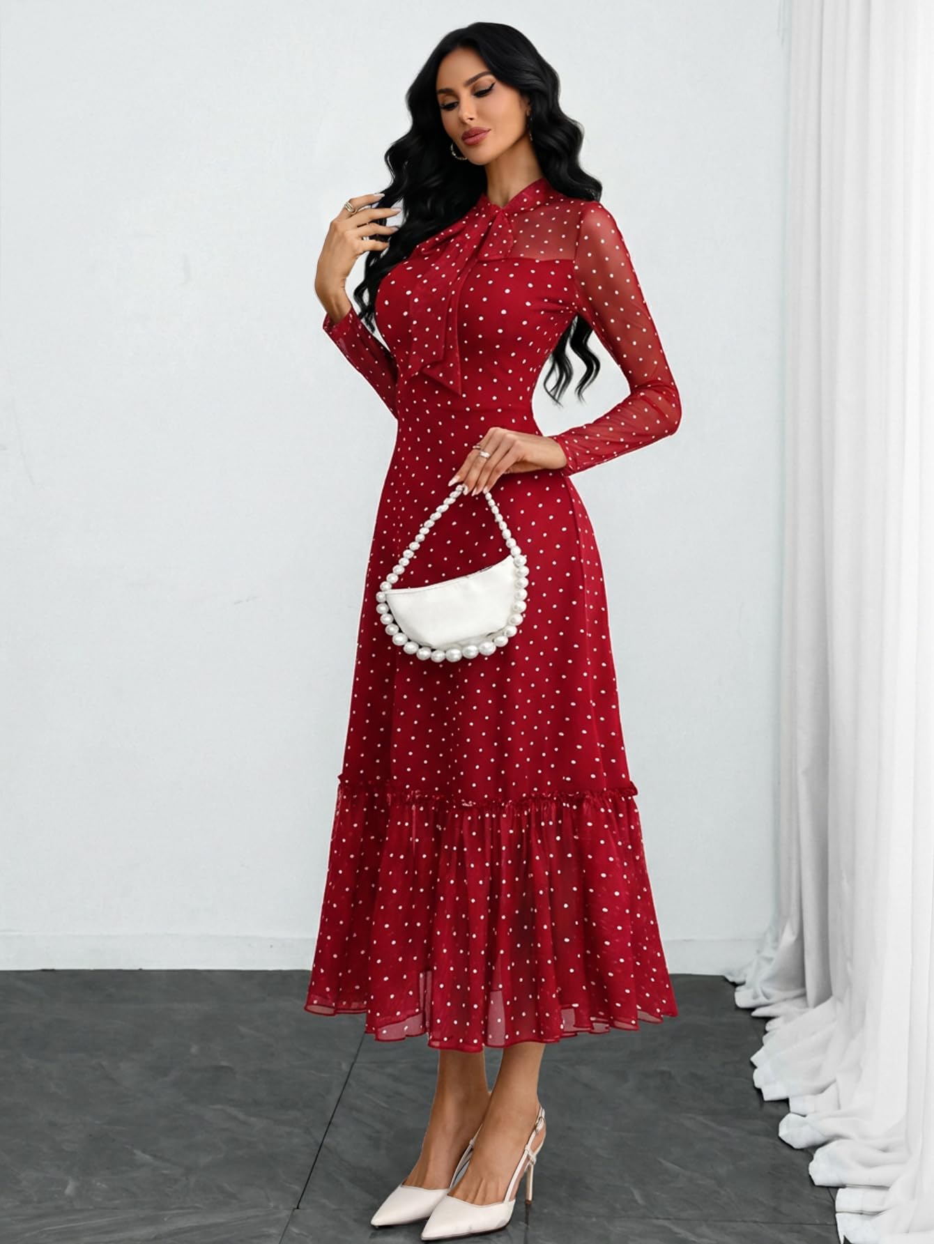 GothDark Polka Dot Dress for Women Mesh Tie Neck Bow Sheer Sleeve Flowy Ruffle Hem Going Out Wedding Guest Casual Dress