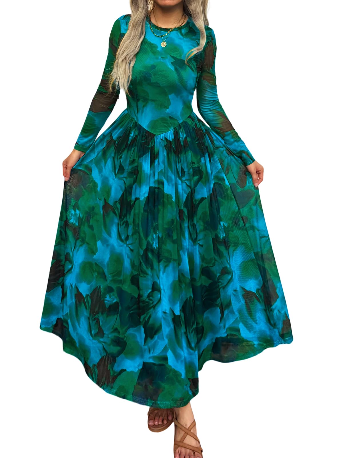 Women's Maxi Dress 2026 Spring Long Sleeve Crewneck Mesh Floral Dress Drop Waist Party Wedding Guest Dresses