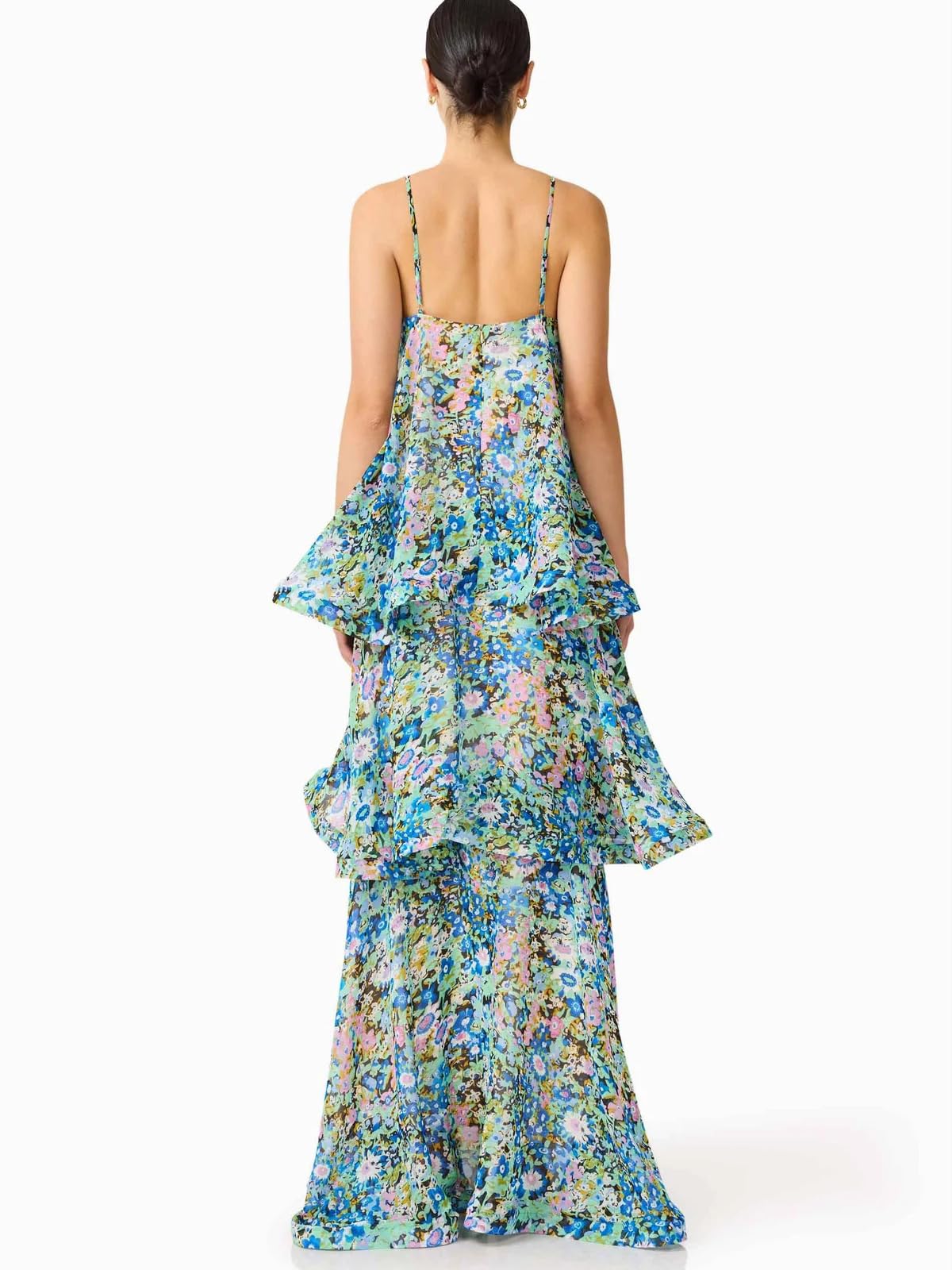 Women's Elegant Print Layered Ruffle Prom Dress Spaghetti Strap Backless Loose Chiffon Maxi Dress