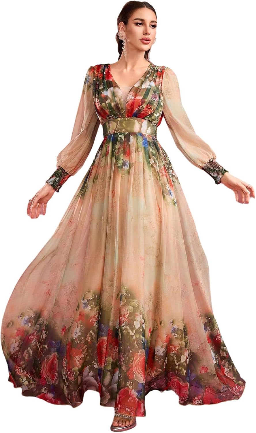 TOLEEN Summer Casual Dresses for Women 2024 Spring Fashion Boho V Neck Long Sleeve Ruffle Floral Print Elegant Maxi Dress