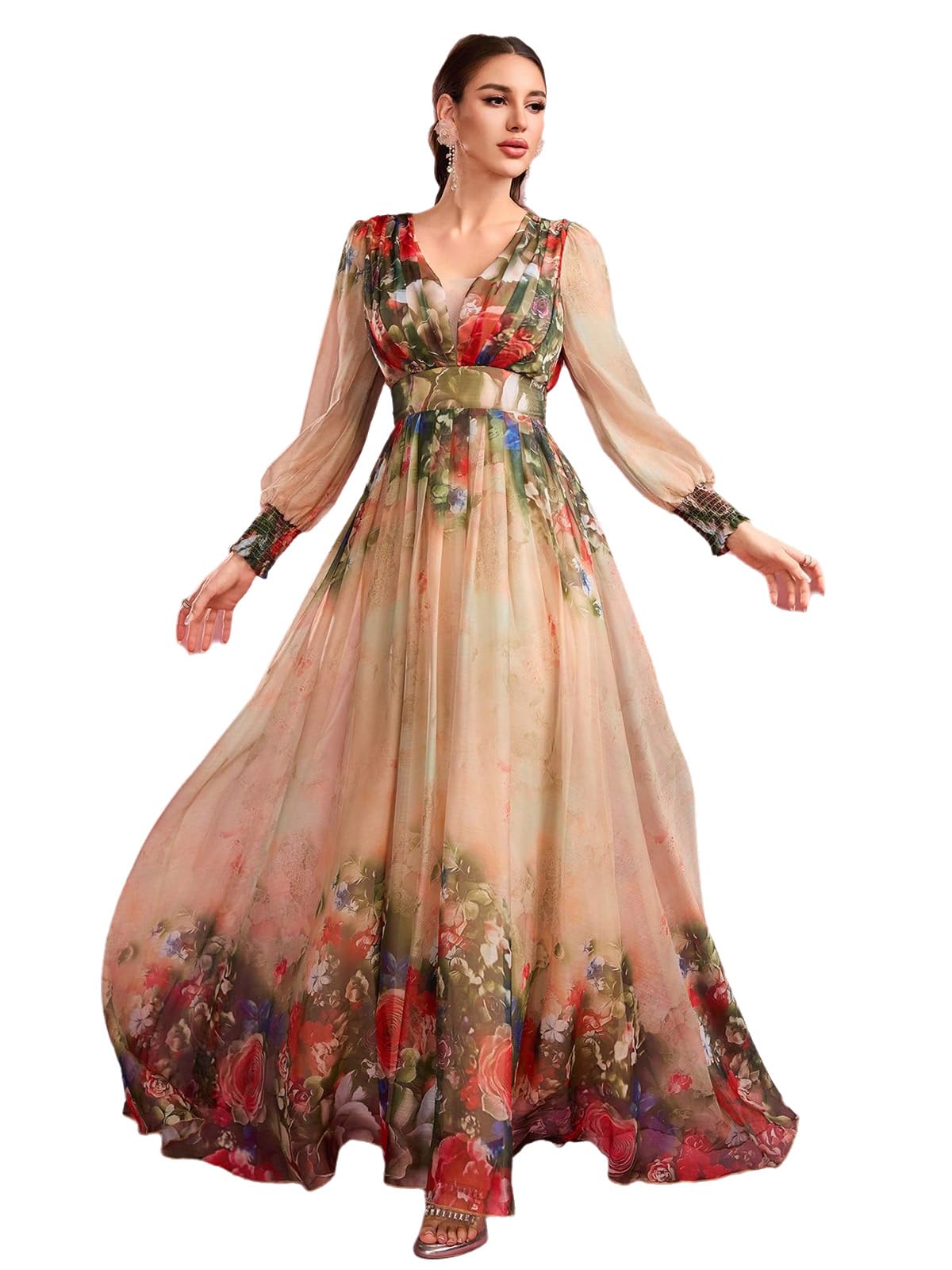TOLEEN Summer Casual Dresses for Women 2024 Spring Fashion Boho V Neck Long Sleeve Ruffle Floral Print Elegant Maxi Dress