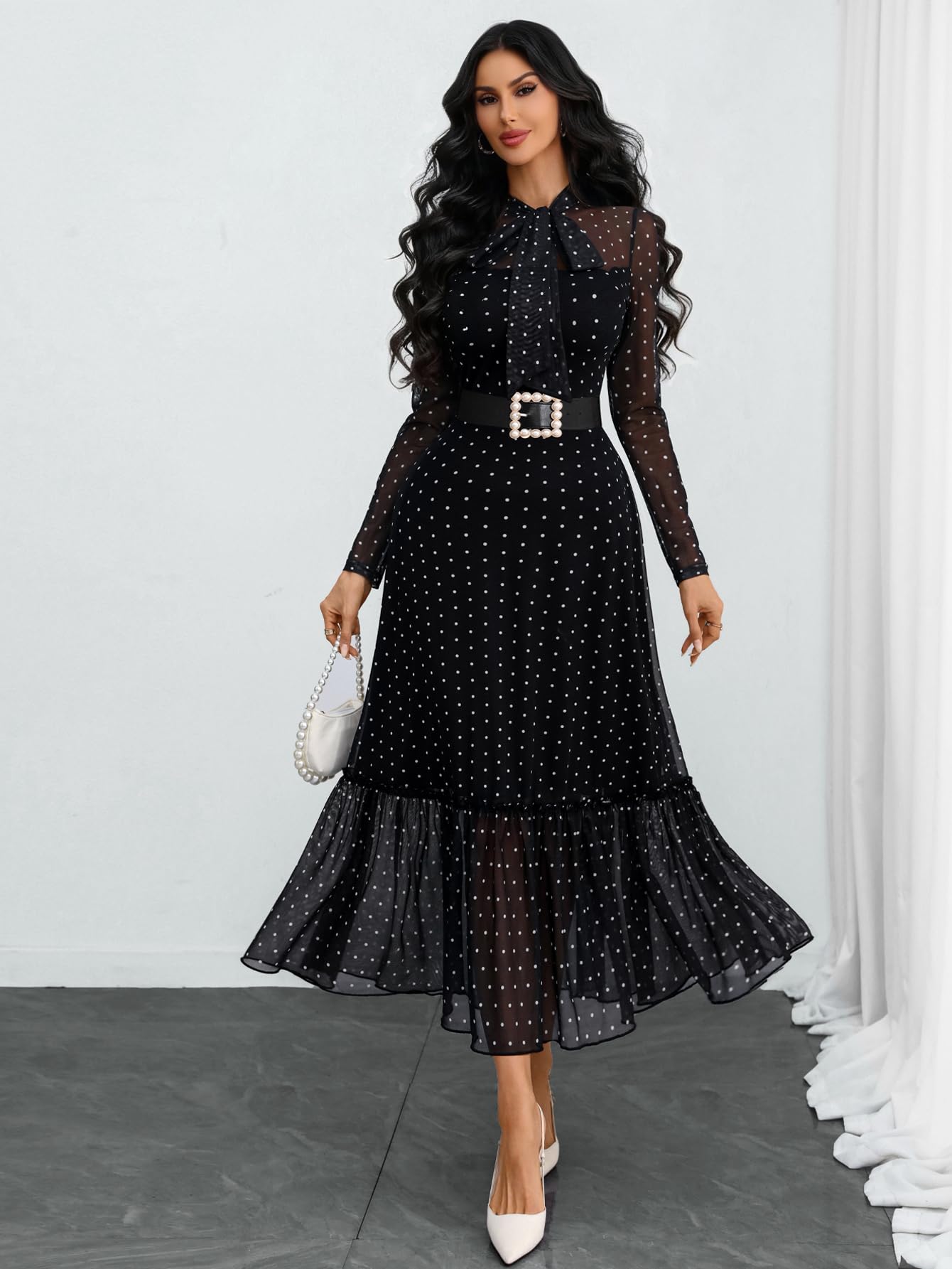 GothDark Polka Dot Dress for Women Mesh Tie Neck Bow Sheer Sleeve Flowy Ruffle Hem Going Out Wedding Guest Casual Dress