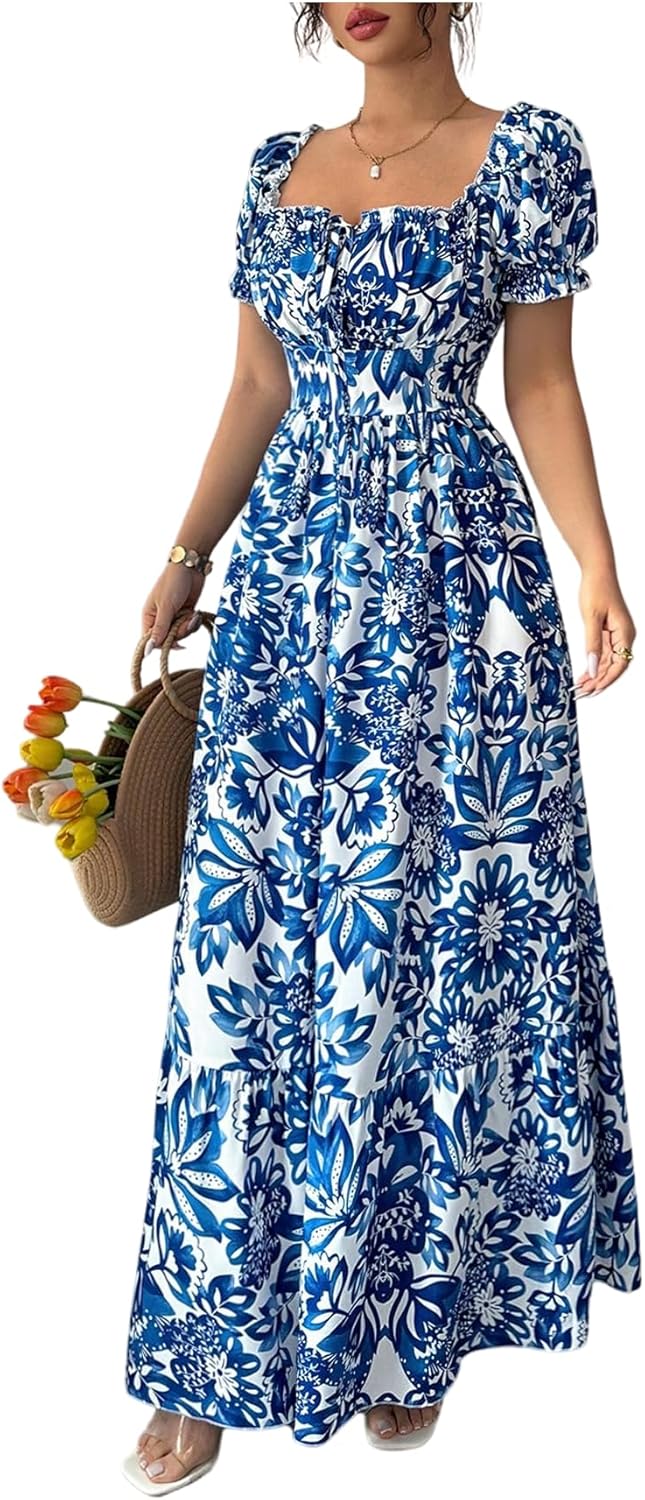 Floerns Women's Floral Short Puff Sleeve Milkmaid Dress Boho A Line Long Dresses