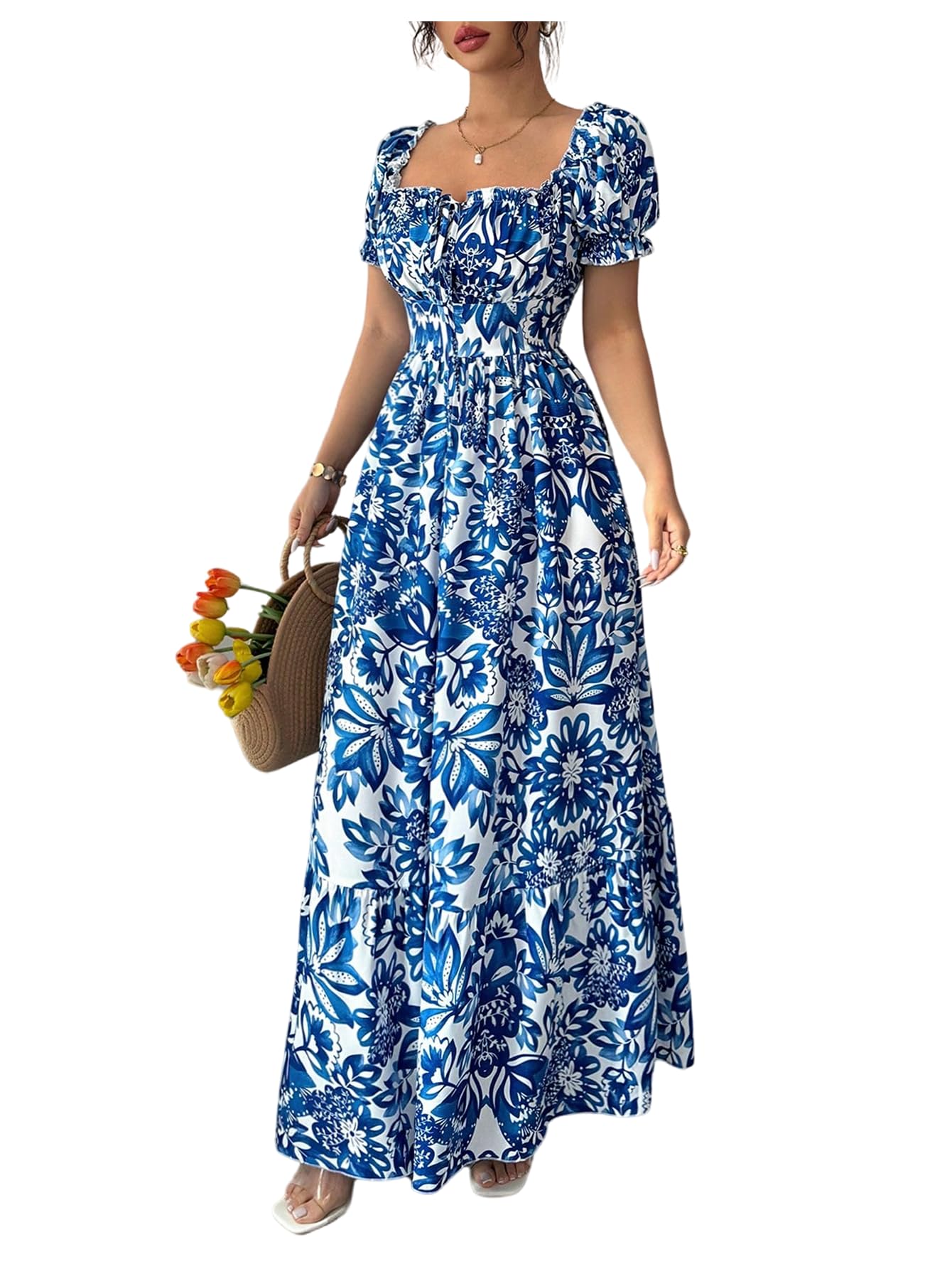 Floerns Women's Floral Short Puff Sleeve Milkmaid Dress Boho A Line Long Dresses
