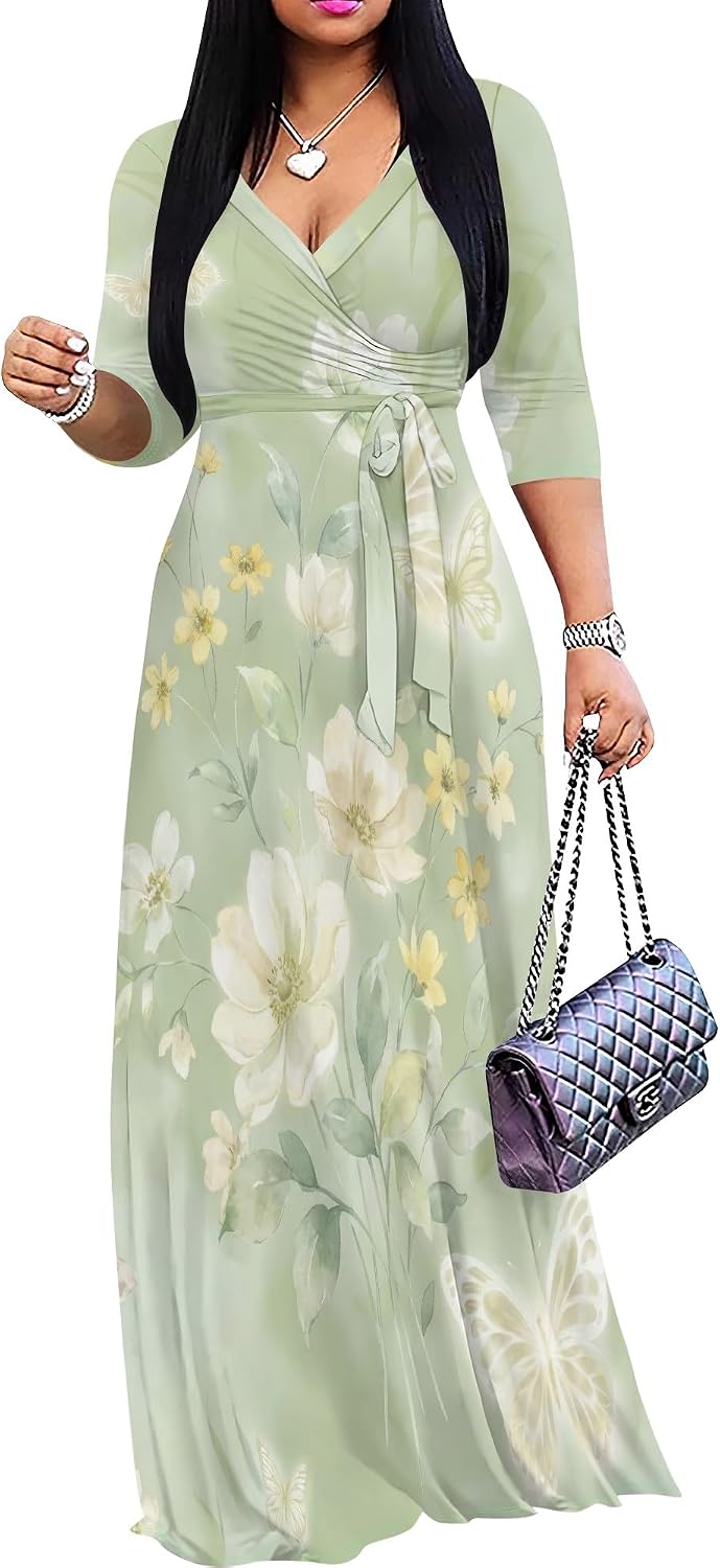 SUZONANA Plus Size Dresses for Women Floral Print Maxi Dress Flowy 3/4 Sleeve with Belt