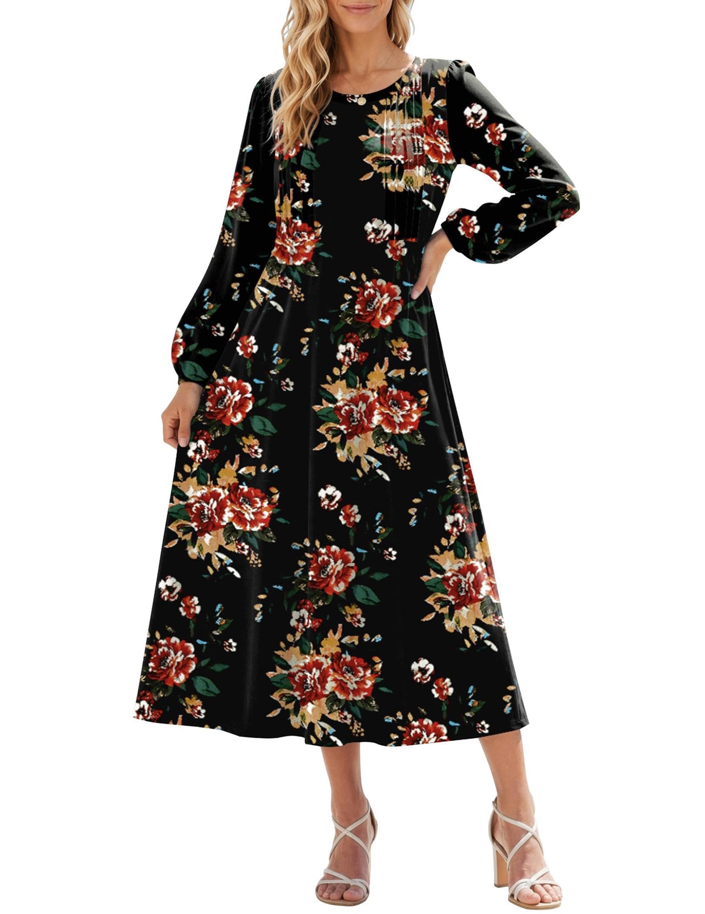 Zeagoo Fall Dresses for Women Long Sleeve Midi Dress Casual A Line Dresses 2026 Pleated Flare Dress with Pockets