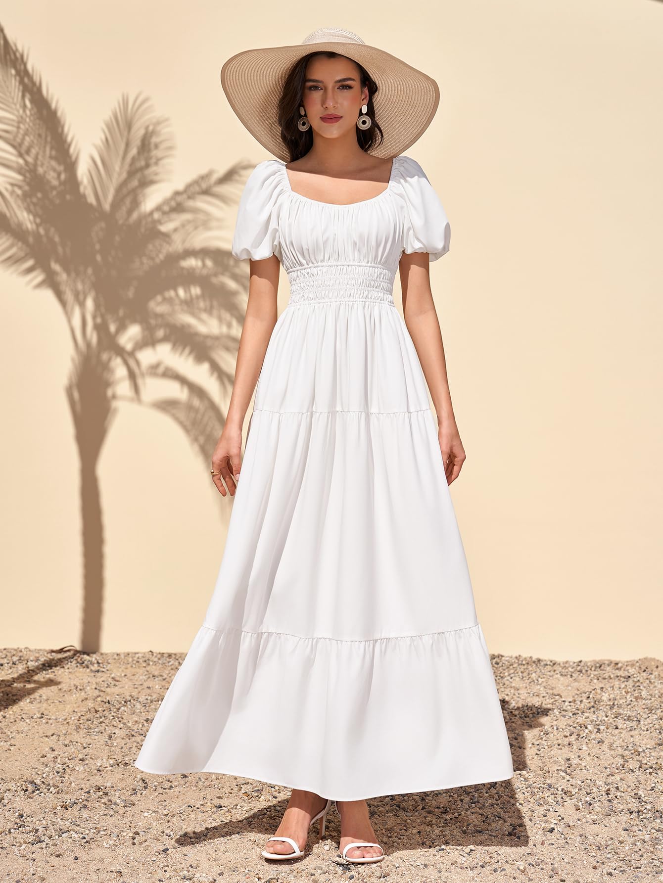 Women Puff Sleeve Wedding Guest Maxi Dress Floral Flowy A Line Tiered Beach Long Dresses