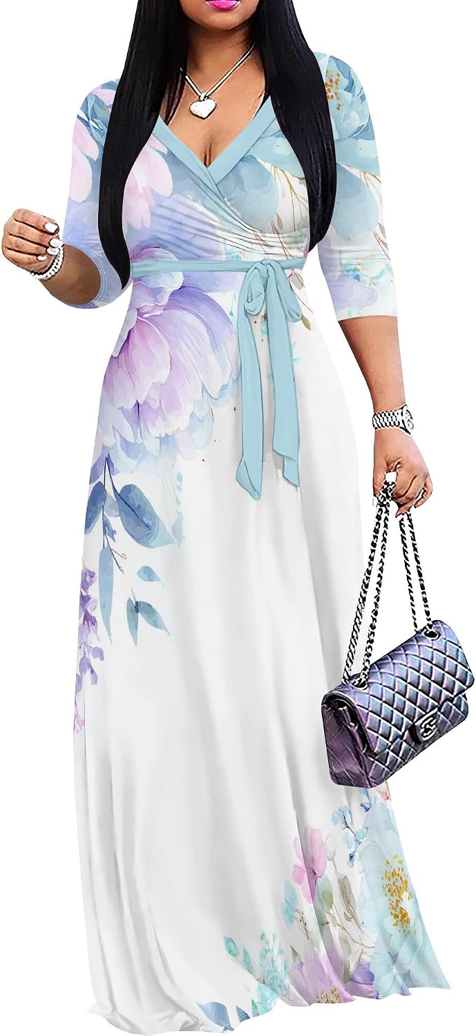 SUZONANA Plus Size Dresses for Women Floral Print Maxi Dress Flowy 3/4 Sleeve with Belt