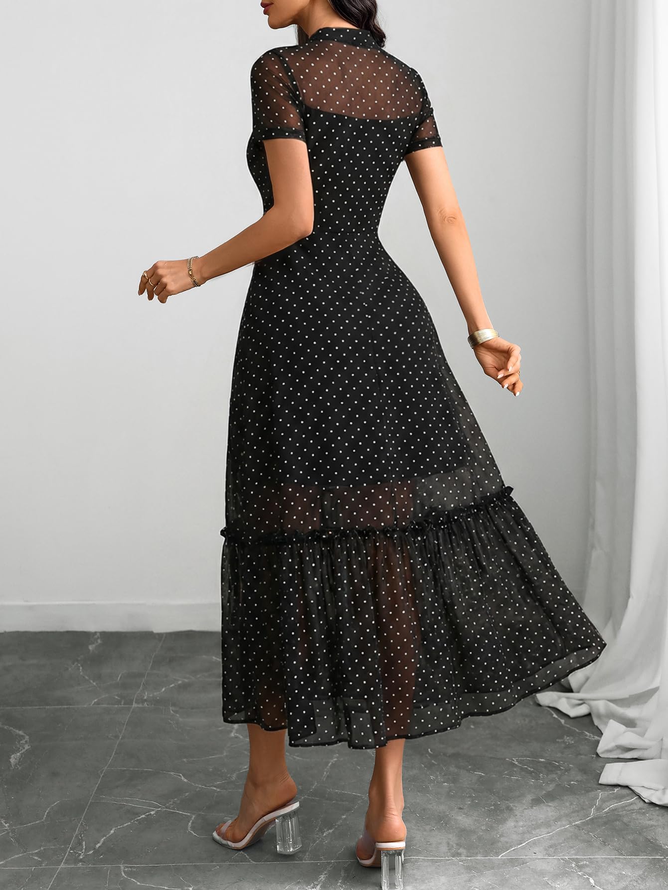 GothDark Women's Summer Floral Mesh Ruffle Dress Short Sleeve Round Neck Waist Cinched Casual Maxi Wedding Guest Dresses