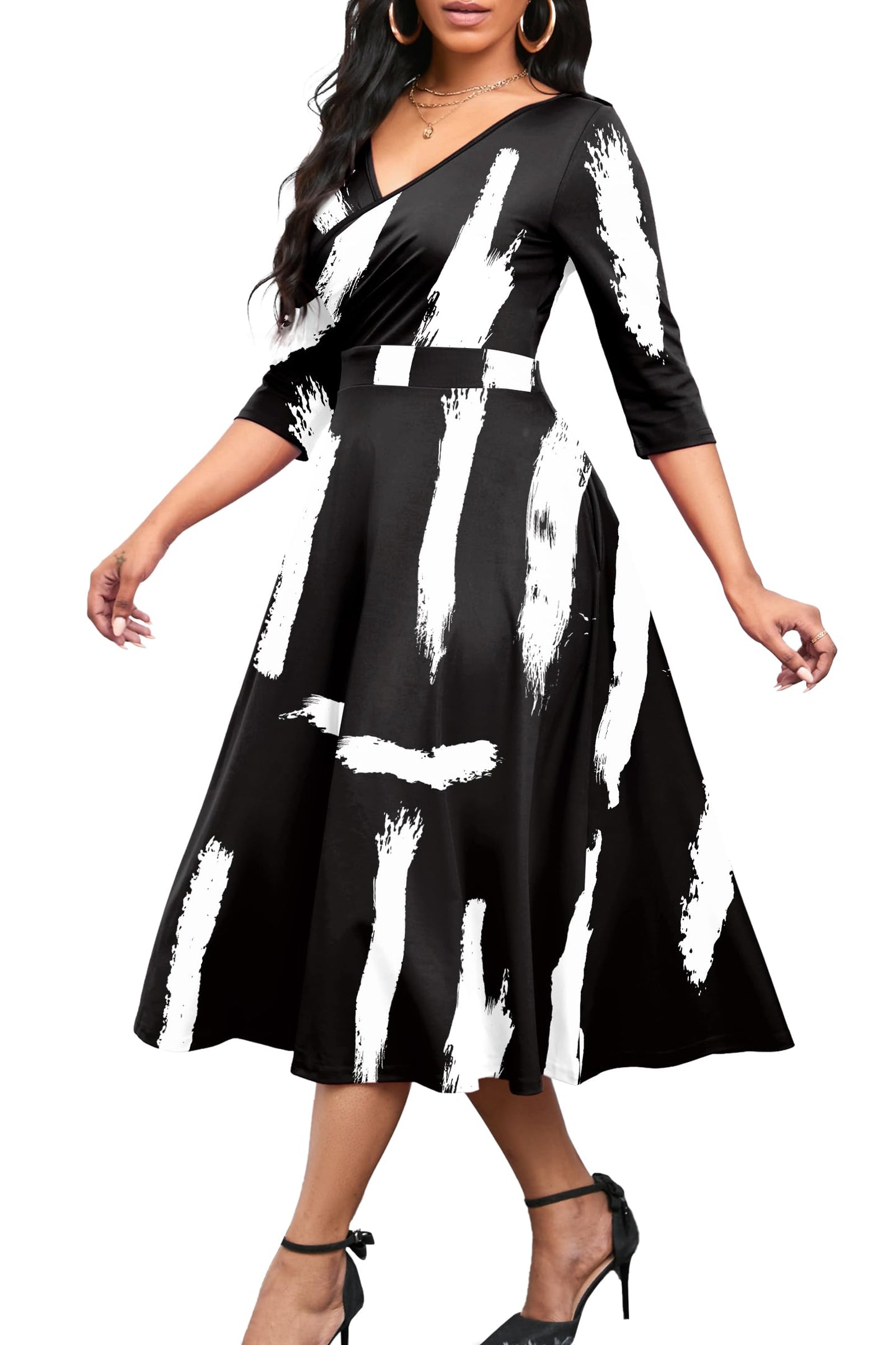 Nmoder Women's Casual Wrap Flared Midi Dress Wedding Guest Cocktail Tea Dresses A-Line Swing V-Neck 3/4 Sleeve
