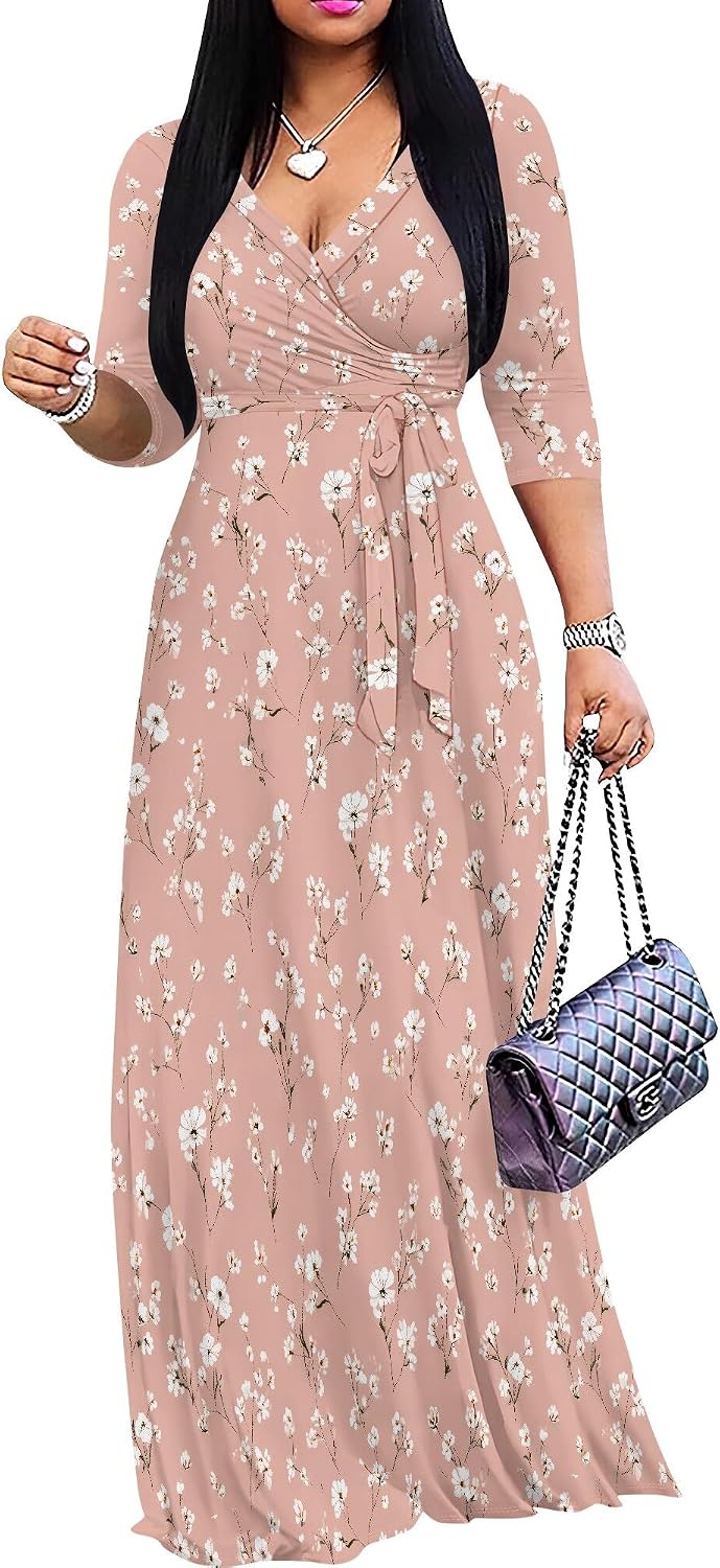 SUZONANA Plus Size Dresses for Women Floral Print Maxi Dress Flowy 3/4 Sleeve with Belt