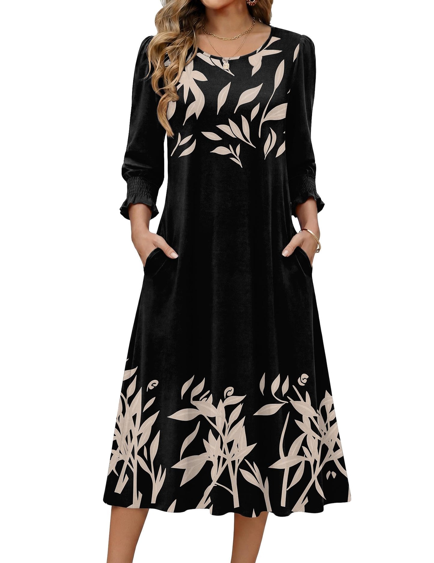 Zeagoo Summer Dresses for Women 2026 3/4 Sleeve Dress for Women Floral Midi Dresses for Casual Womens Dresses with Pockets