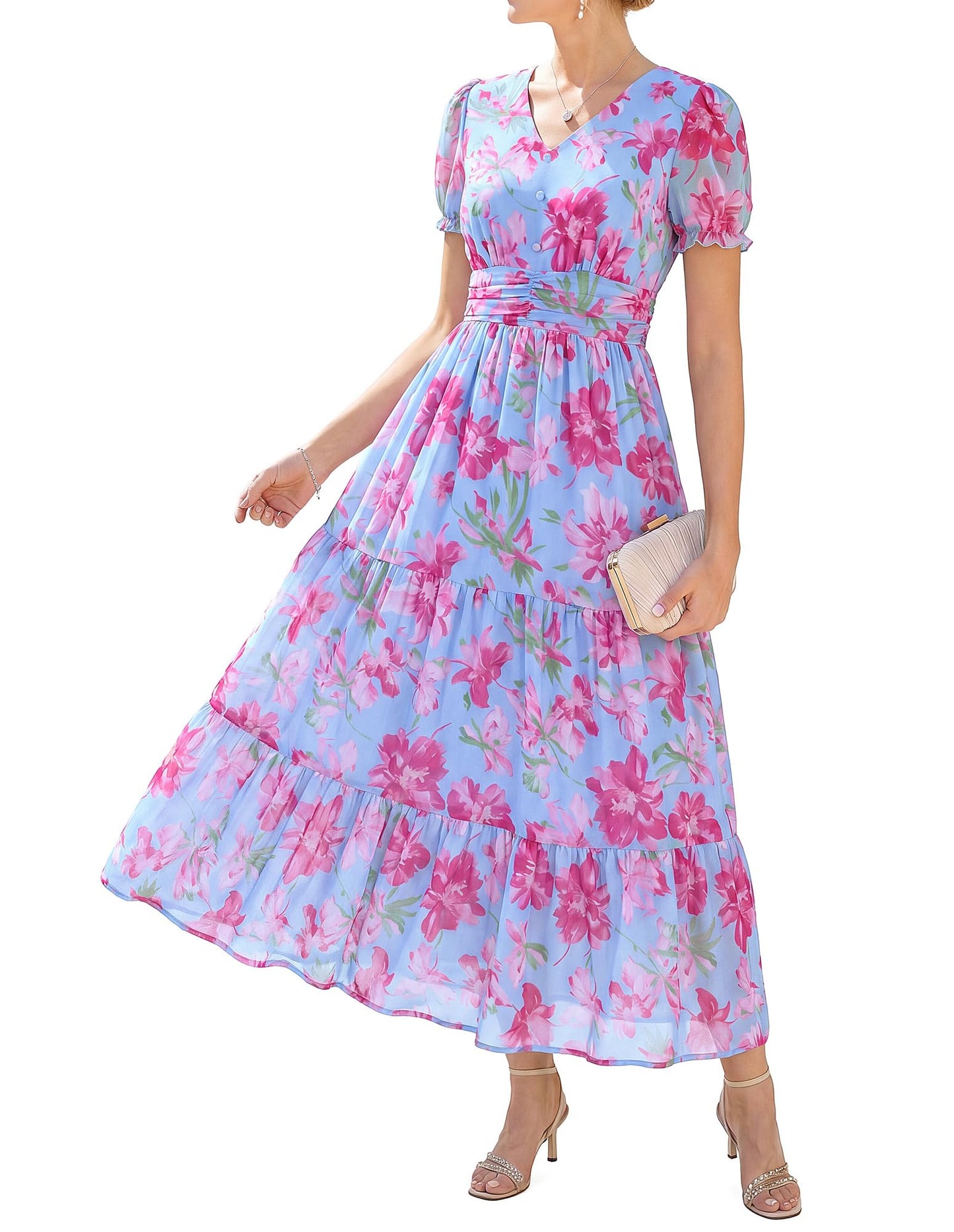 GRACE KARIN Women's 2026 Summer Wedding Guest Maxi Dresses Floral V Neck Short Sleeve Elegant Flowy Formal Dress with Pockets