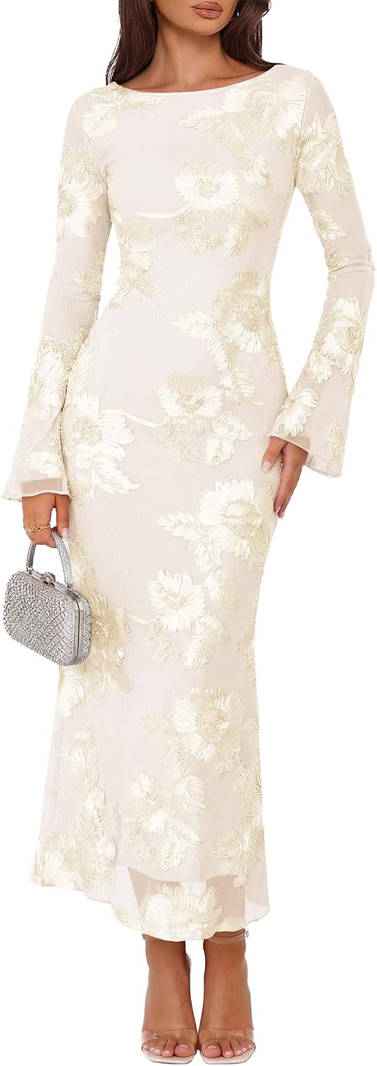 ZESICA Women Fall Long Sleeve Wedding Guest Cocktail Midi Dress
