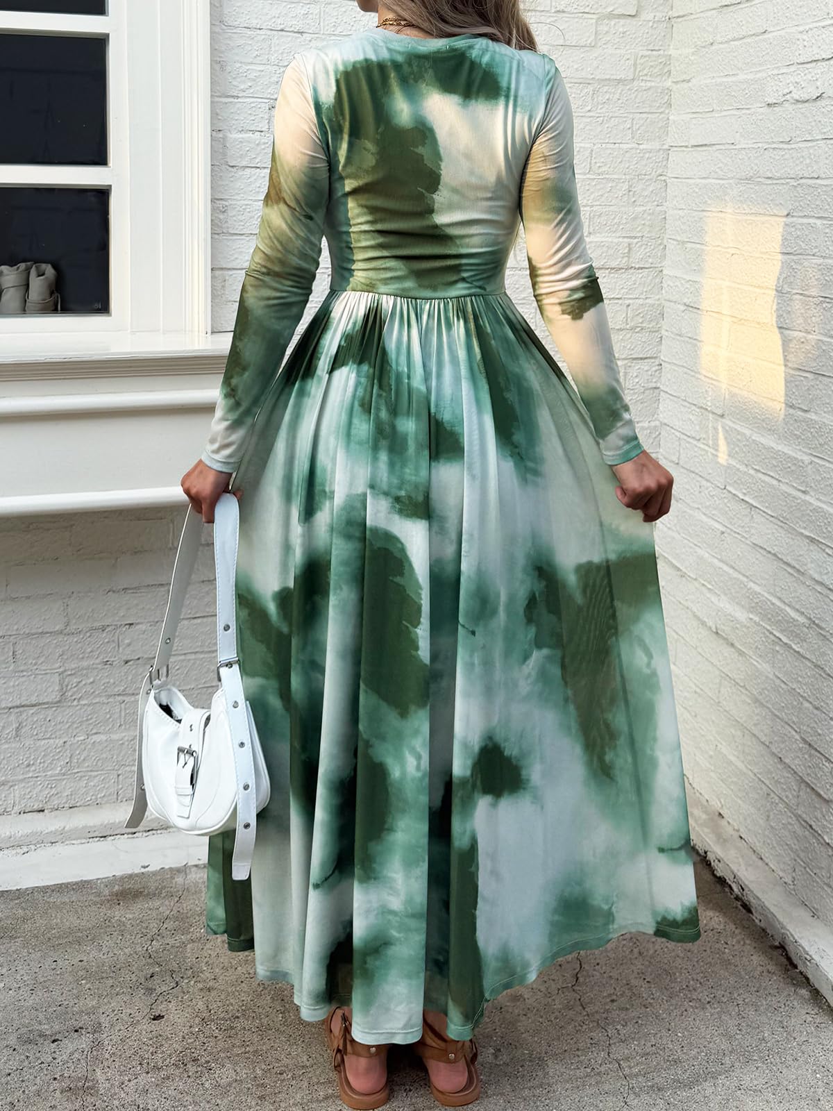 Women's Maxi Dress 2026 Spring Long Sleeve Crewneck Mesh Floral Dress Drop Waist Party Wedding Guest Dresses
