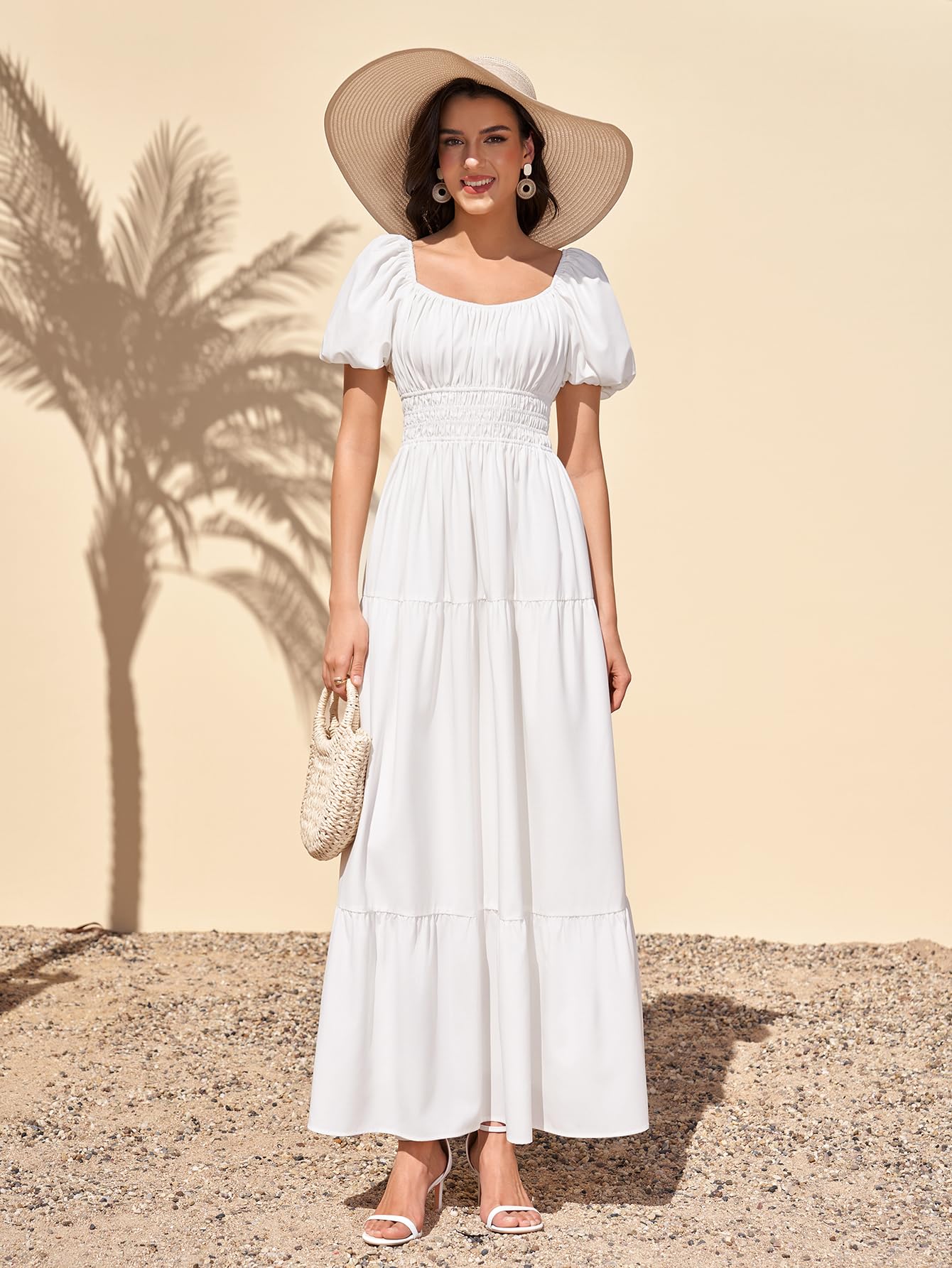 Women Puff Sleeve Wedding Guest Maxi Dress Floral Flowy A Line Tiered Beach Long Dresses