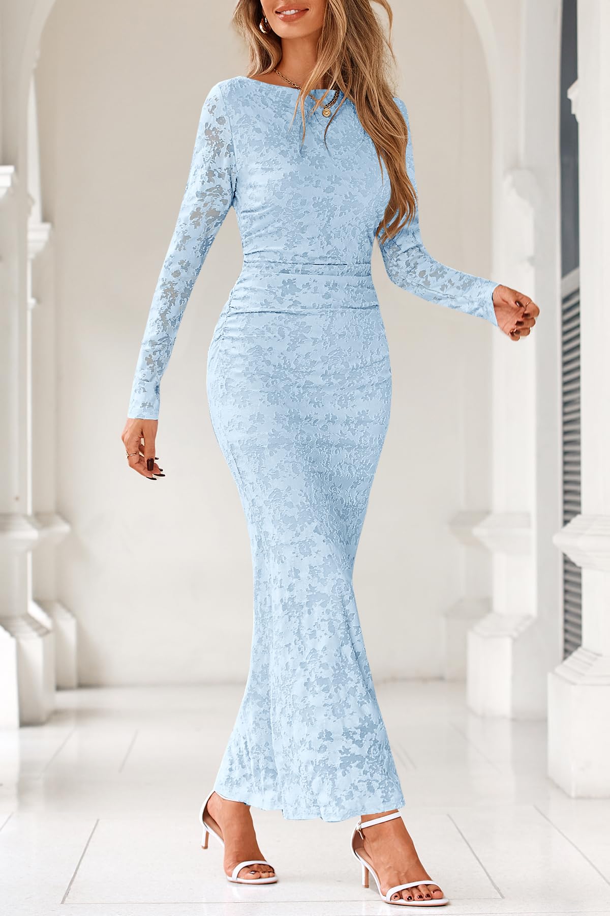 MITILLY Women's Formal Long Sleeve Dress Fall Elegant Floral Bodycon Ruched Cocktail Party Maxi Dresses New