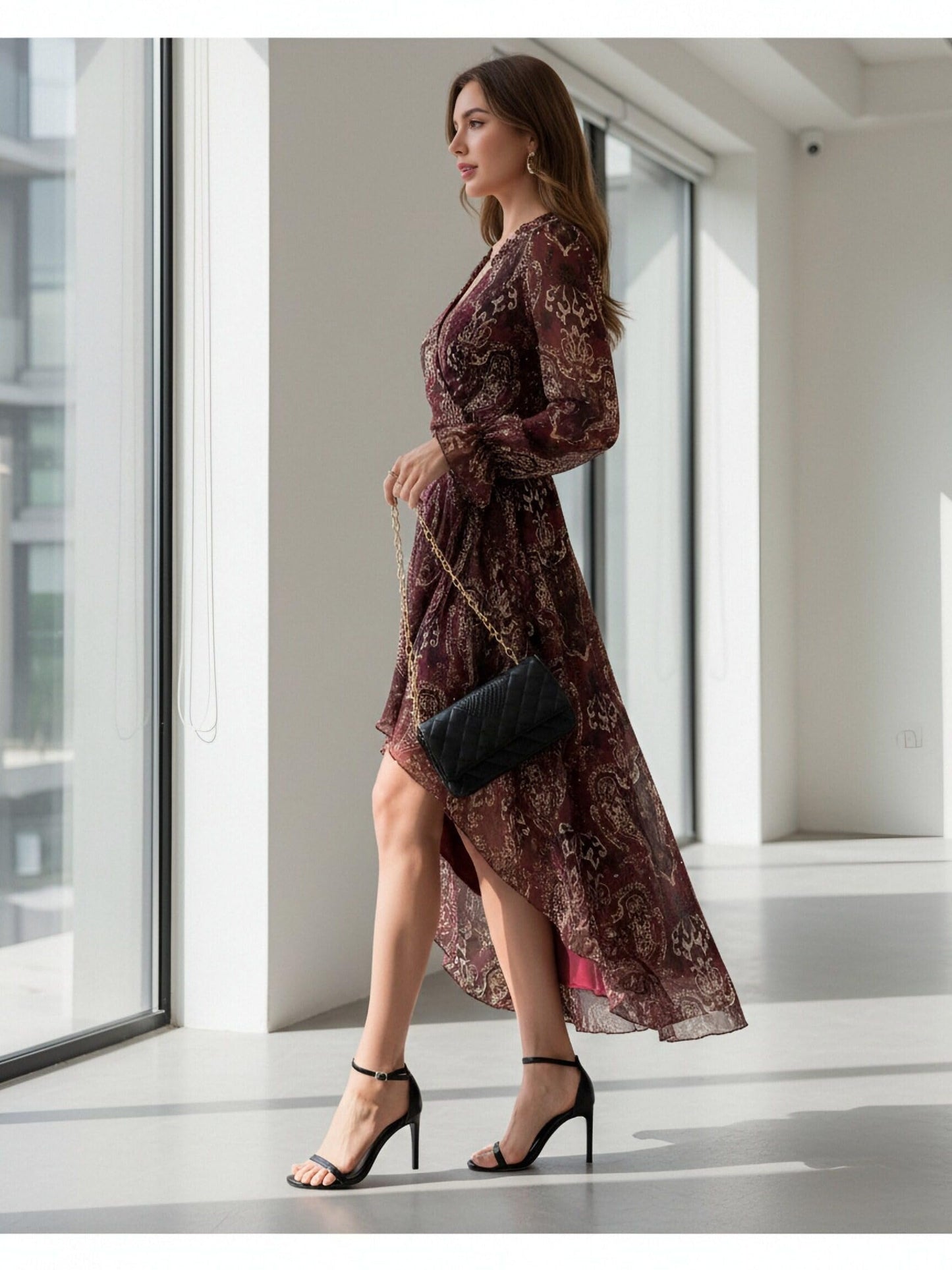Women's Bohemian Floral Print Tie-Waist Wrap Midi Dress - Long Sleeve V-Neck Asymmetrical Hem Flowy Chiffon Dress