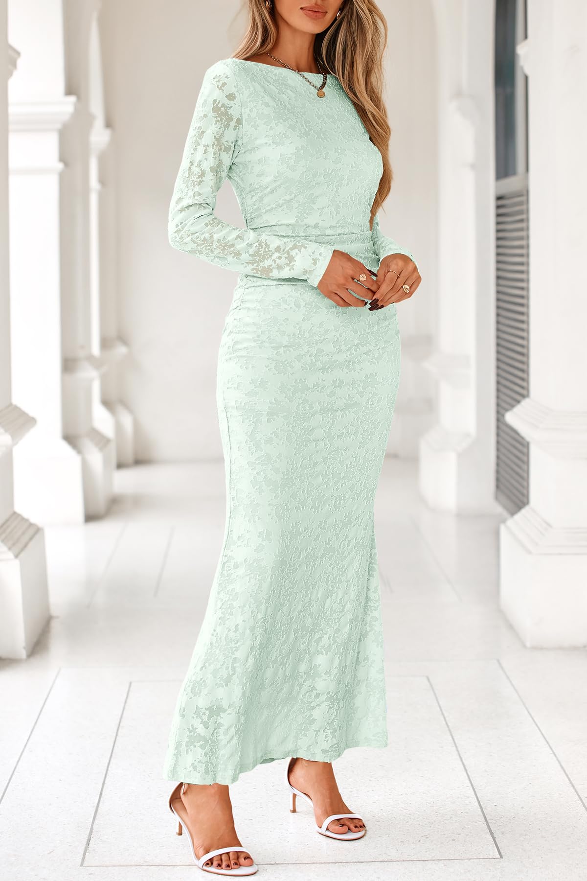 MITILLY Women's Formal Long Sleeve Dress Fall Elegant Floral Bodycon Ruched Cocktail Party Maxi Dresses New