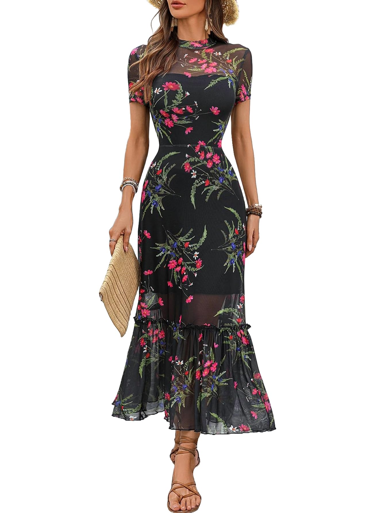 GothDark Women's Summer Floral Mesh Ruffle Dress Short Sleeve Round Neck Waist Cinched Casual Maxi Wedding Guest Dresses