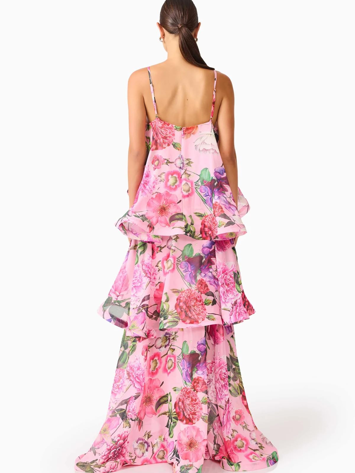 Women's Elegant Print Layered Ruffle Prom Dress Spaghetti Strap Backless Loose Chiffon Maxi Dress