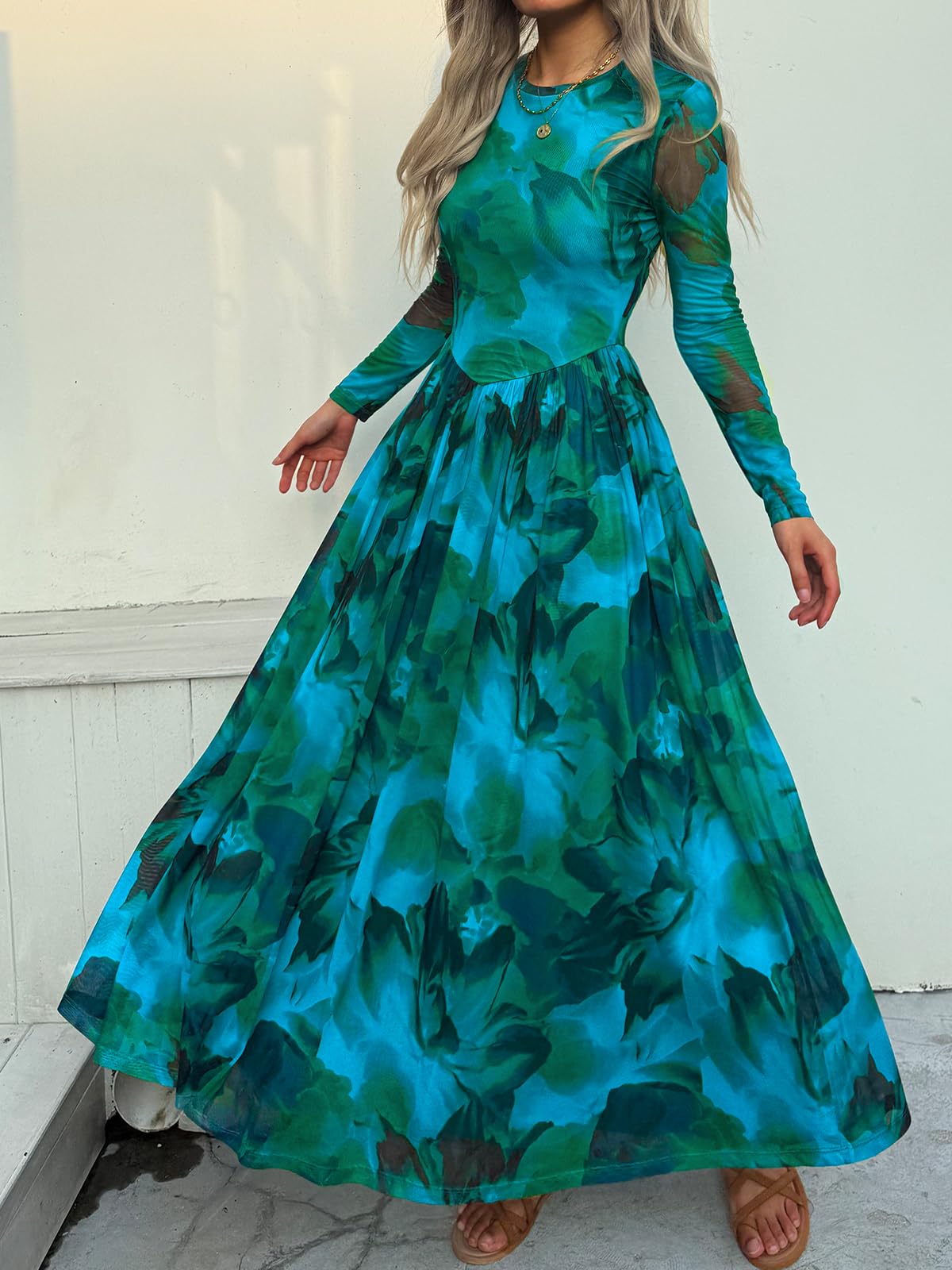 Women's Maxi Dress 2026 Spring Long Sleeve Crewneck Mesh Floral Dress Drop Waist Party Wedding Guest Dresses