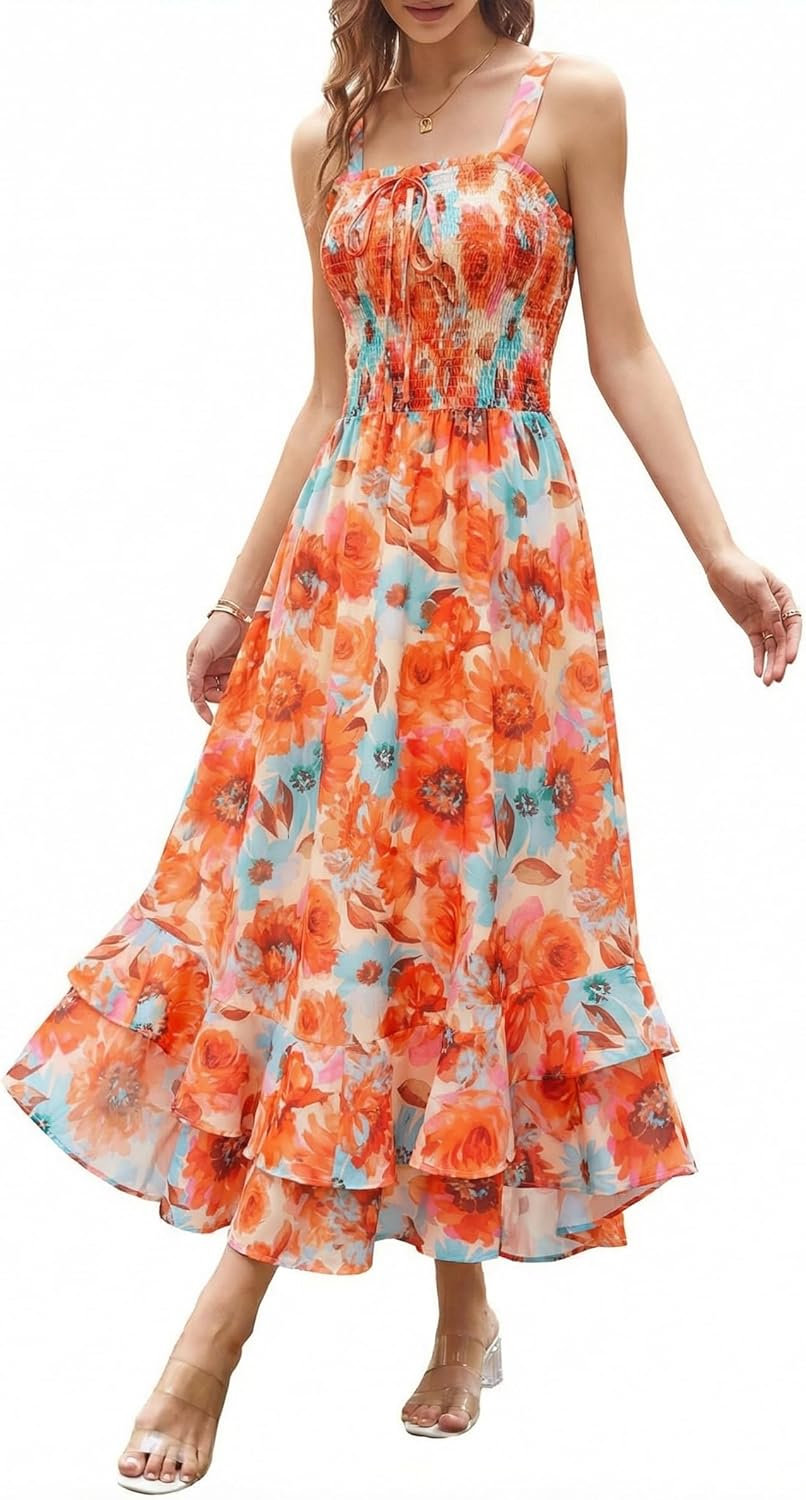 GRACE KARIN Women's 2026 Summer Floral Boho Dress Square Neck Strapped Swing A Line Sundress Beach Long Maxi Outfits