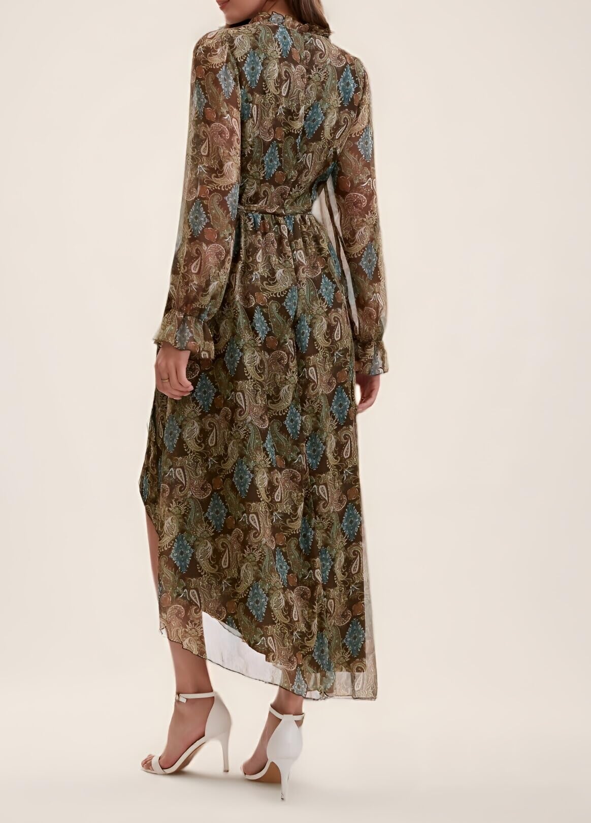 Women's Bohemian Floral Print Tie-Waist Wrap Midi Dress - Long Sleeve V-Neck Asymmetrical Hem Flowy Chiffon Dress