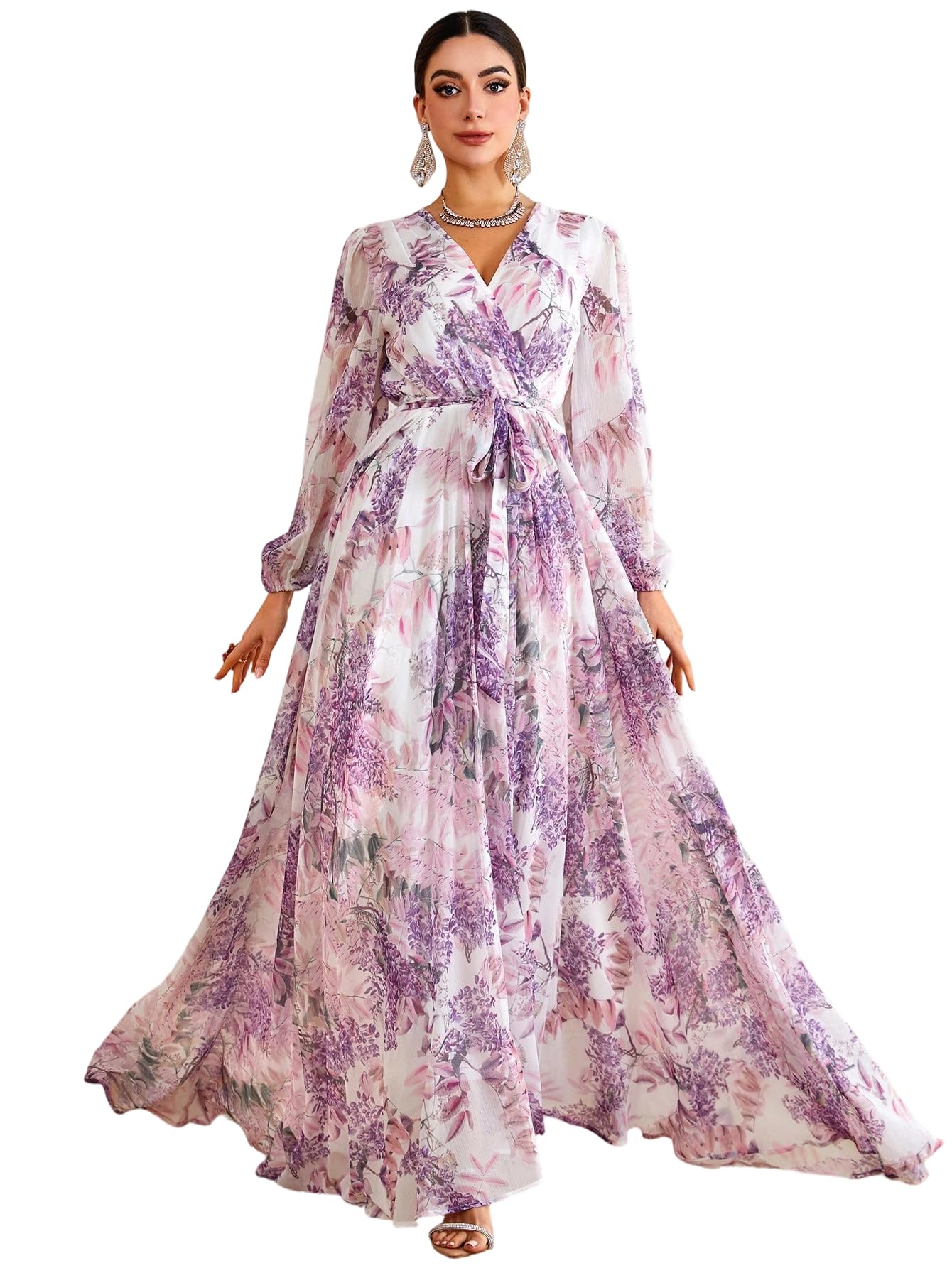 Womens Summer Dresses,Floral Patterns Vintage Elegant Cocktail Long Sleeve Boho Casual Maxi Wedding Guest Dresses for Women
