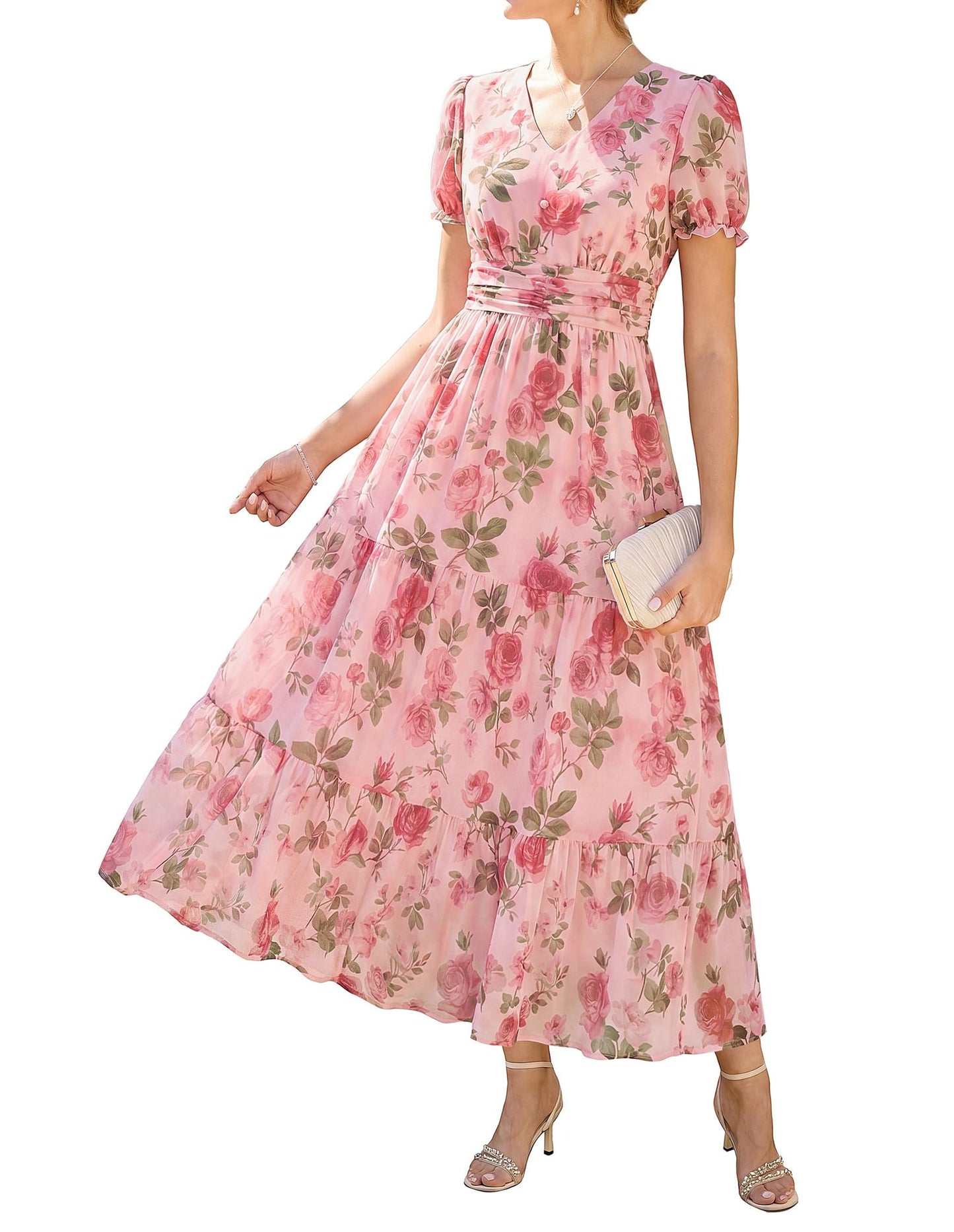 GRACE KARIN Women's 2026 Summer Wedding Guest Maxi Dresses Floral V Neck Short Sleeve Elegant Flowy Formal Dress with Pockets