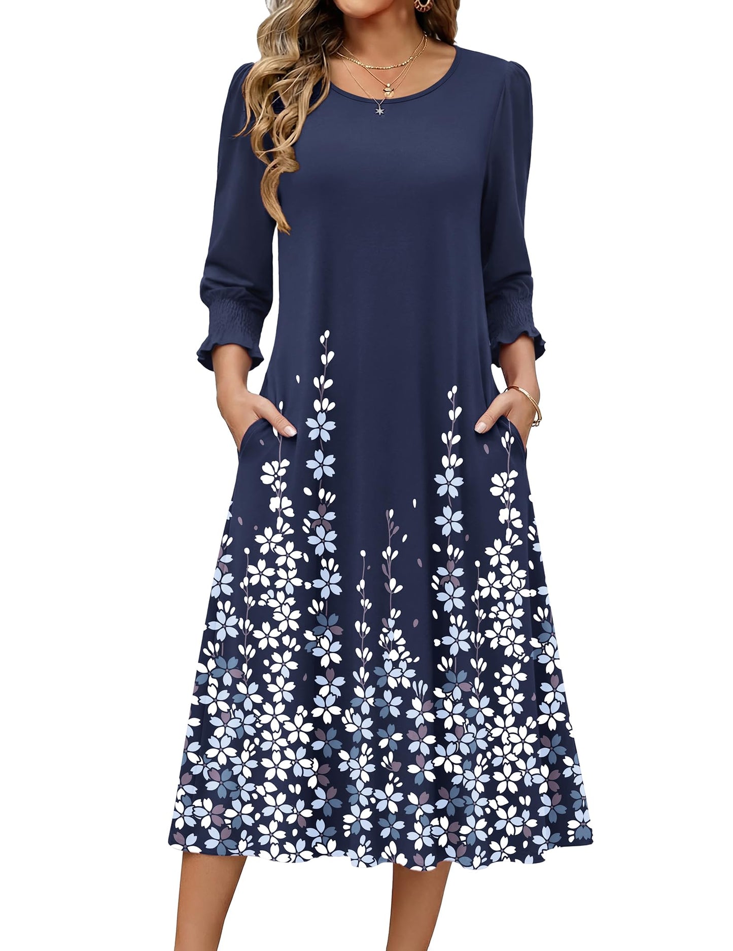 Zeagoo Summer Dresses for Women 2026 3/4 Sleeve Dress for Women Floral Midi Dresses for Casual Womens Dresses with Pockets