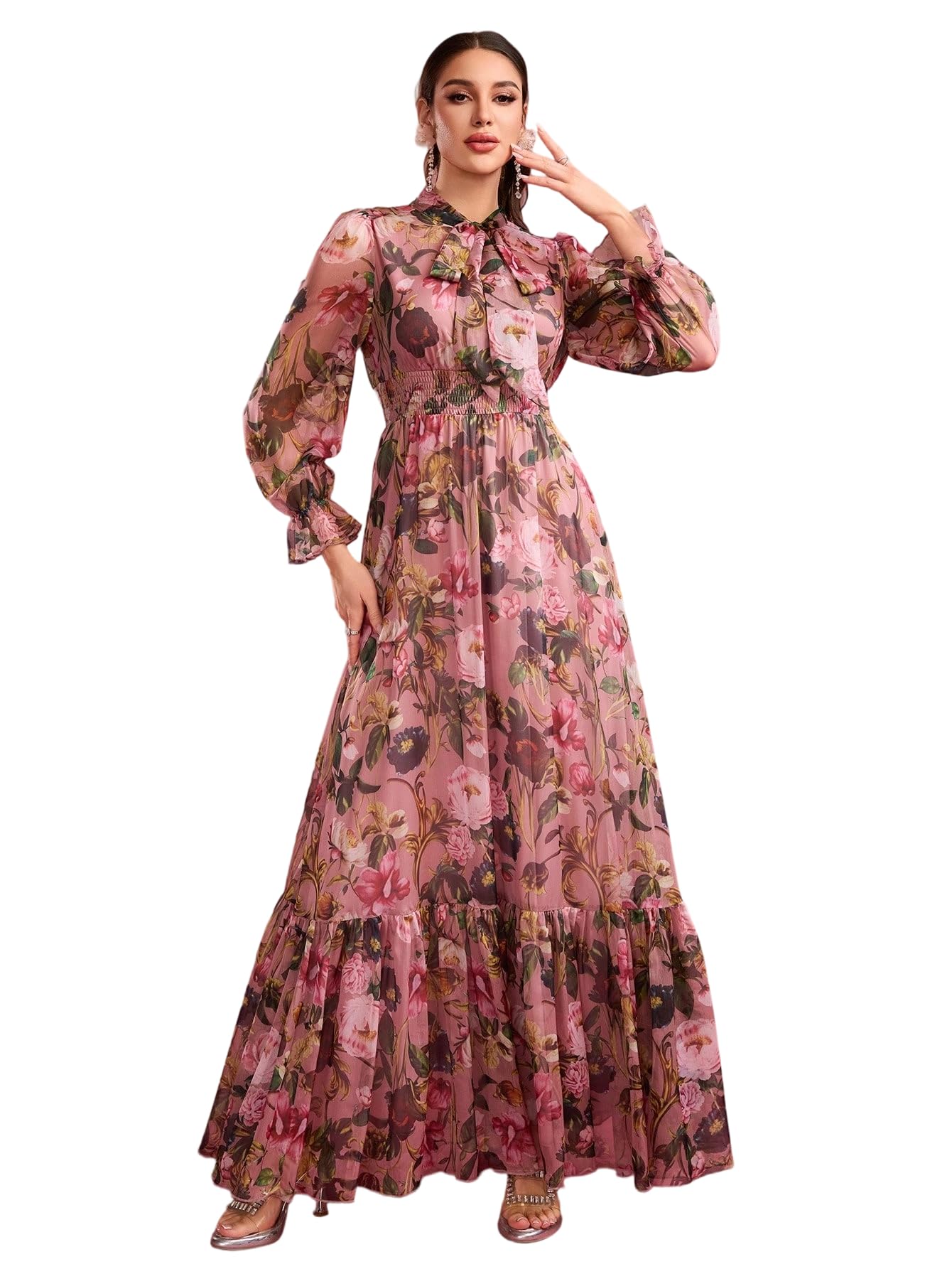 Womens Summer Dresses,Floral Patterns Vintage Elegant Cocktail Long Sleeve Boho Casual Maxi Wedding Guest Dresses for Women
