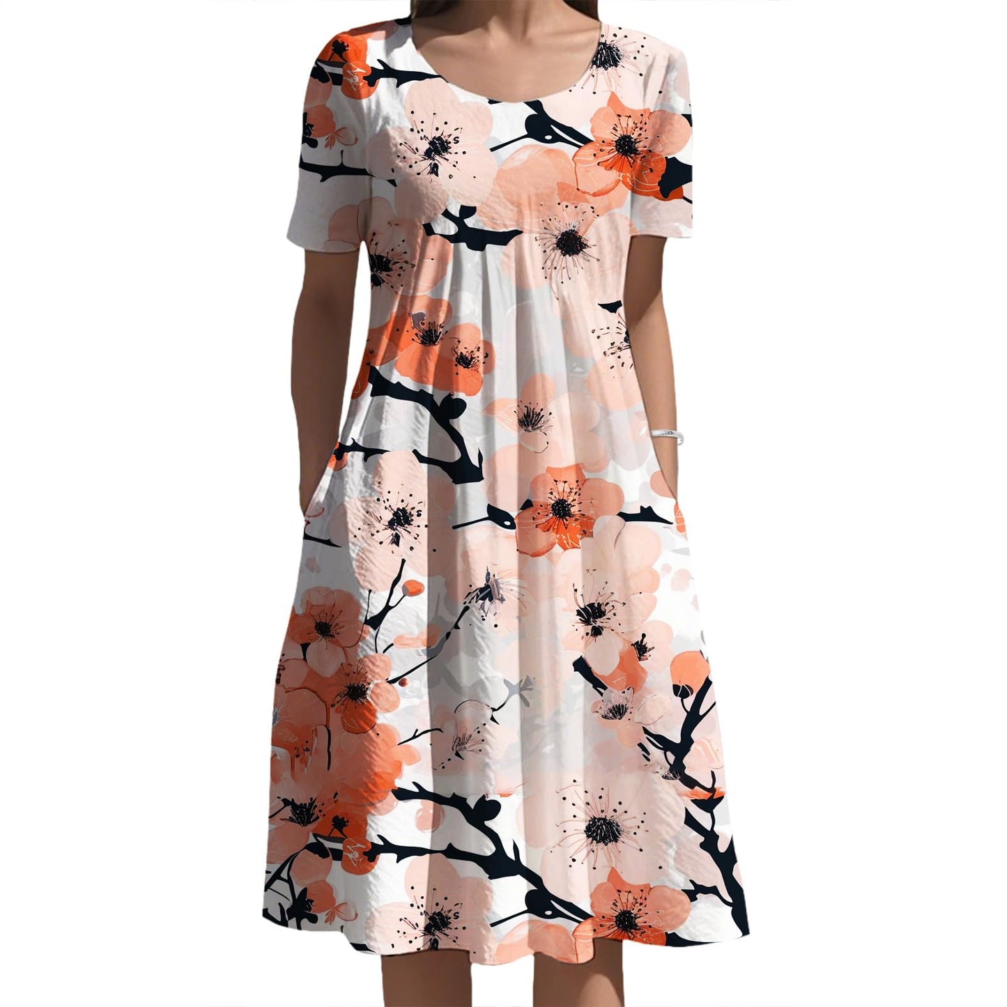 Oriental Ink Floral Midi Dress Gradient Tone for Women Elegant Daily Vacation Outfit with Side Pockets and Style