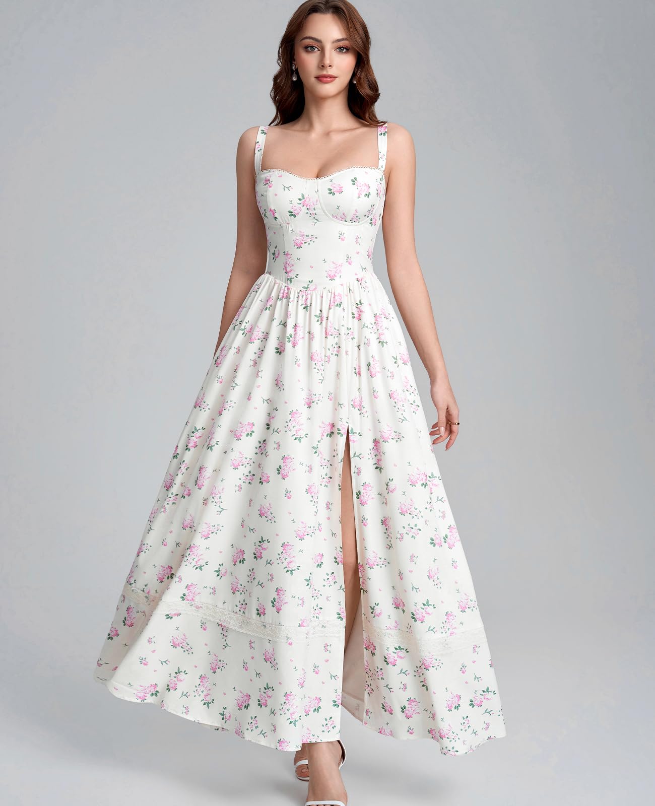 GLNEGE Floral Corset Wedding Guest Maxi Dress Summer Spring Flowy A Line Slit Tea Party Sundress for Women with Pockets