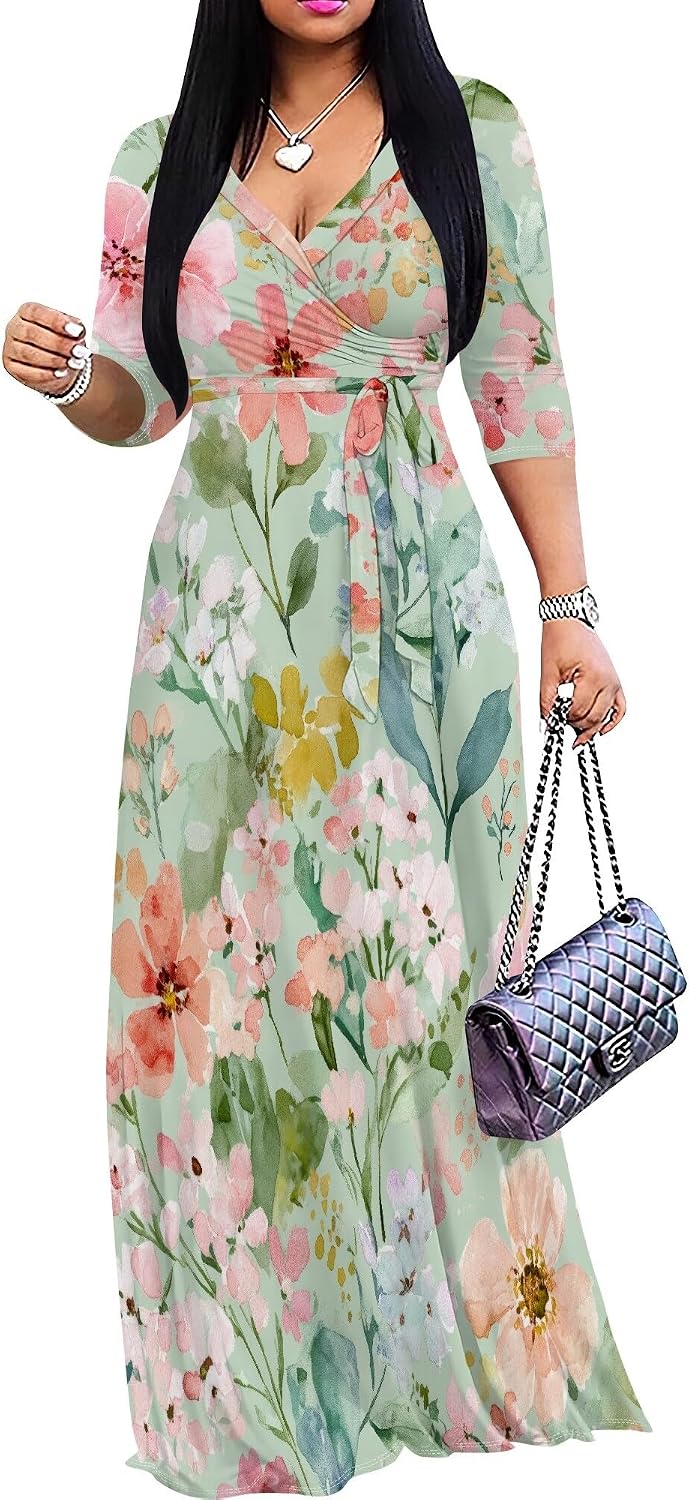 SUZONANA Plus Size Dresses for Women Floral Print Maxi Dress Flowy 3/4 Sleeve with Belt