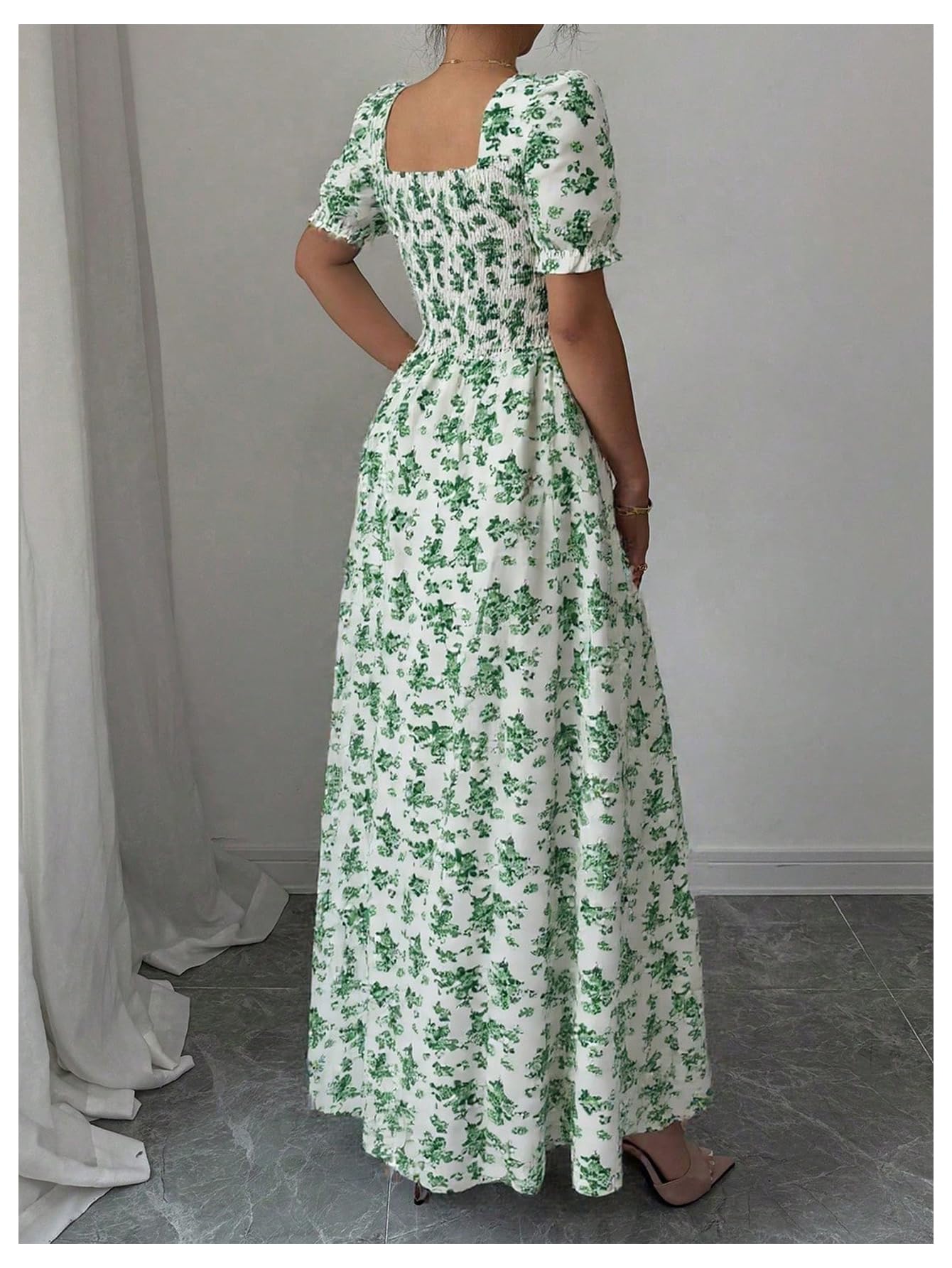 Floerns Women's Floral Short Puff Sleeve Milkmaid Dress Boho A Line Long Dresses