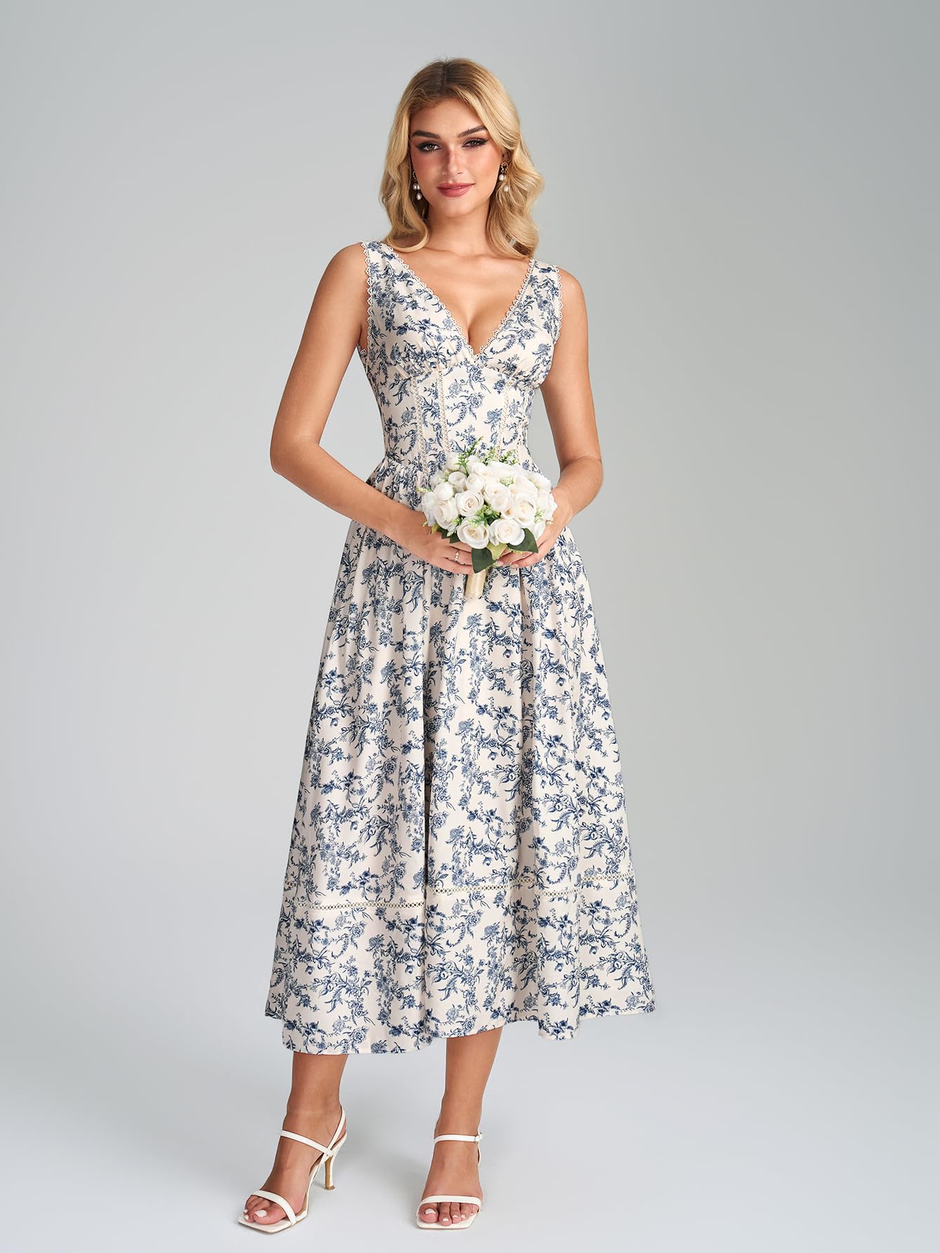 KUTUMAI Floral Corset Midi Dresses for Women 2026 Summer Spring V Neck Lace Up Flowy Wedding Guest Dress