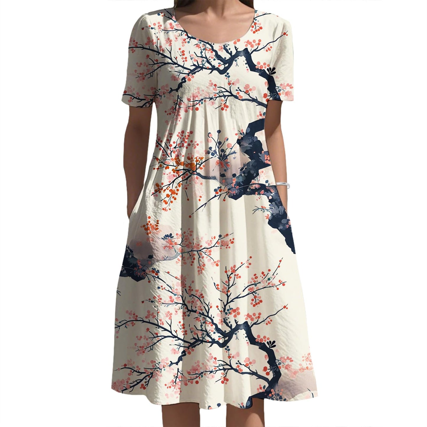 Oriental Ink Floral Midi Dress Gradient Tone for Women Elegant Daily Vacation Outfit with Side Pockets and Style