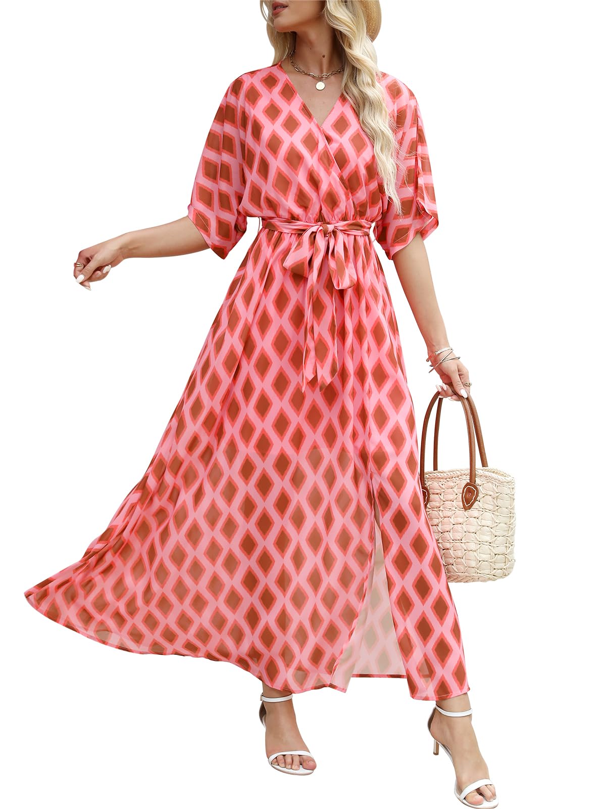 ANRABESS Womens 1/2 Sleeve Beach Wedding Guest Maxi Dresses 2026 Summer Wrap V Neck Boho Floral Flowy Slit Long Dresses