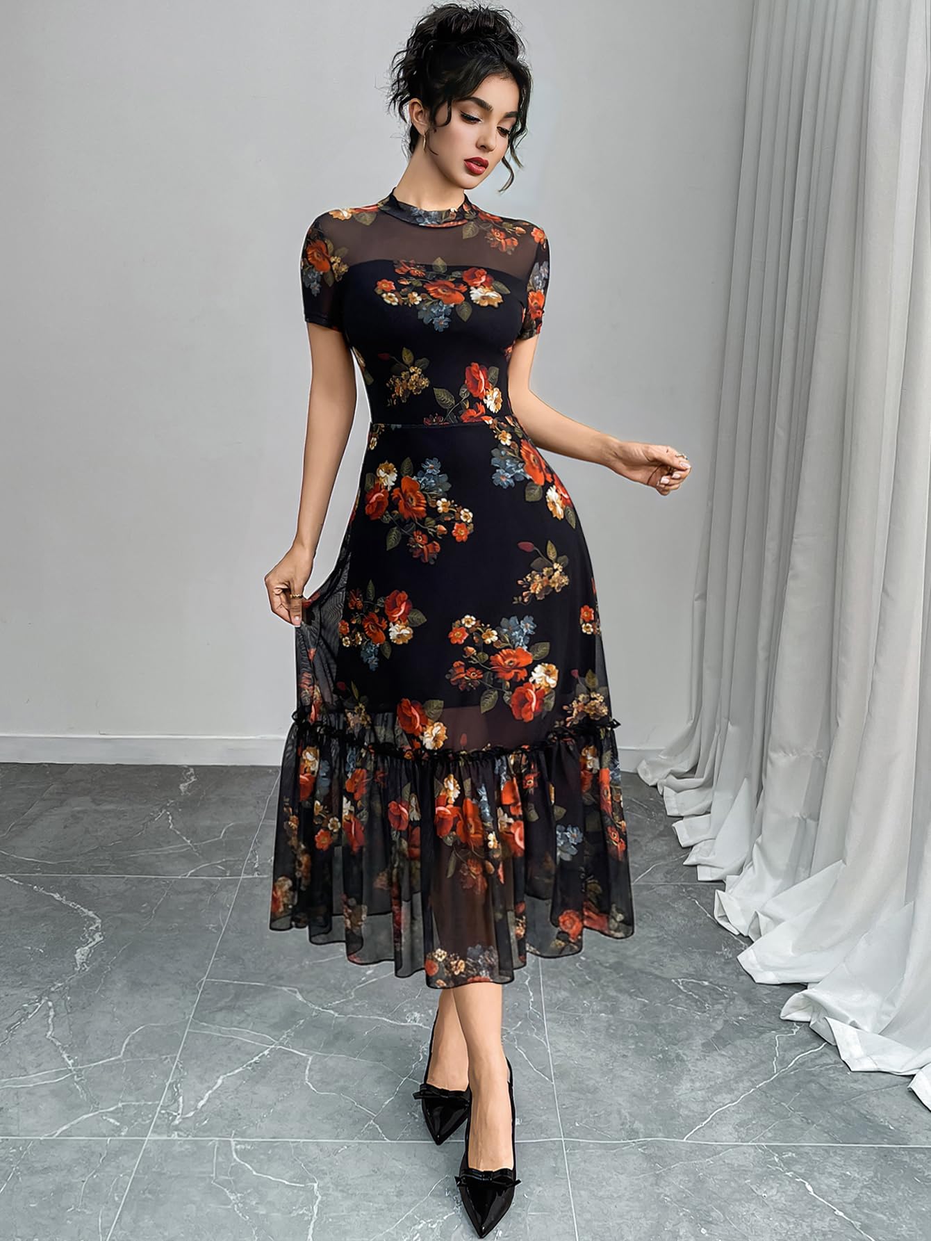 GothDark Women's Summer Floral Mesh Ruffle Dress Short Sleeve Round Neck Waist Cinched Casual Maxi Wedding Guest Dresses