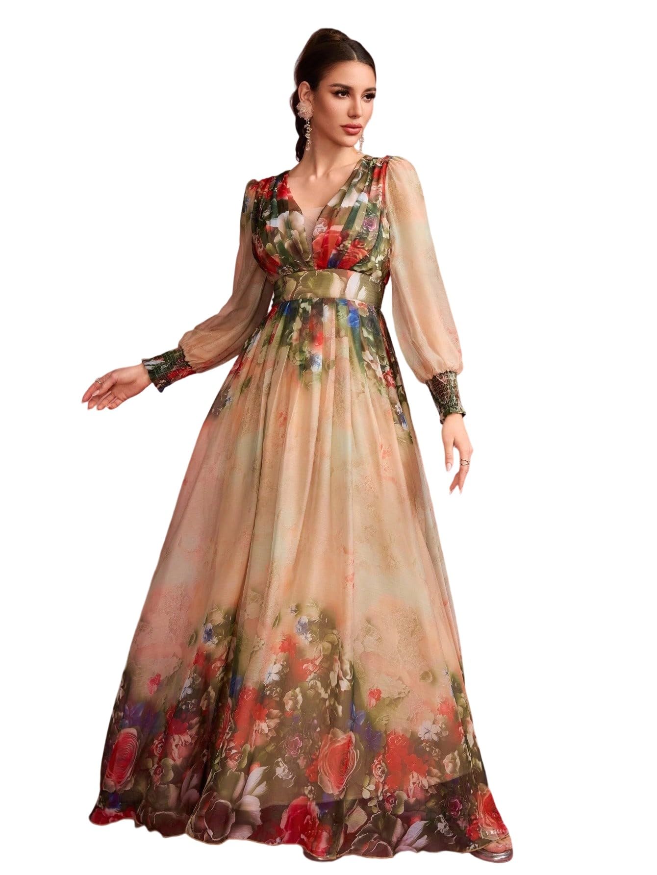 Womens Summer Dresses,Floral Patterns Vintage Elegant Cocktail Long Sleeve Boho Casual Maxi Wedding Guest Dresses for Women