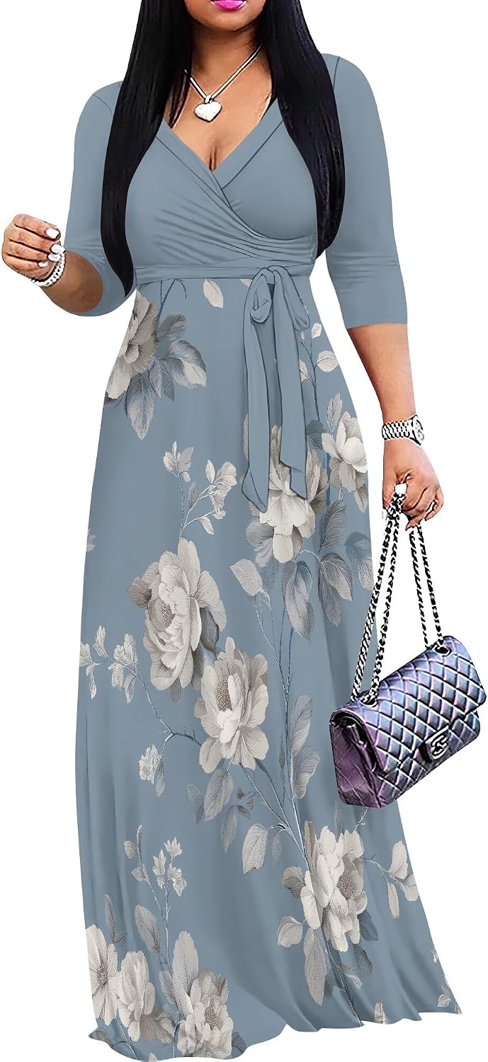 SUZONANA Plus Size Dresses for Women Floral Print Maxi Dress Flowy 3/4 Sleeve with Belt